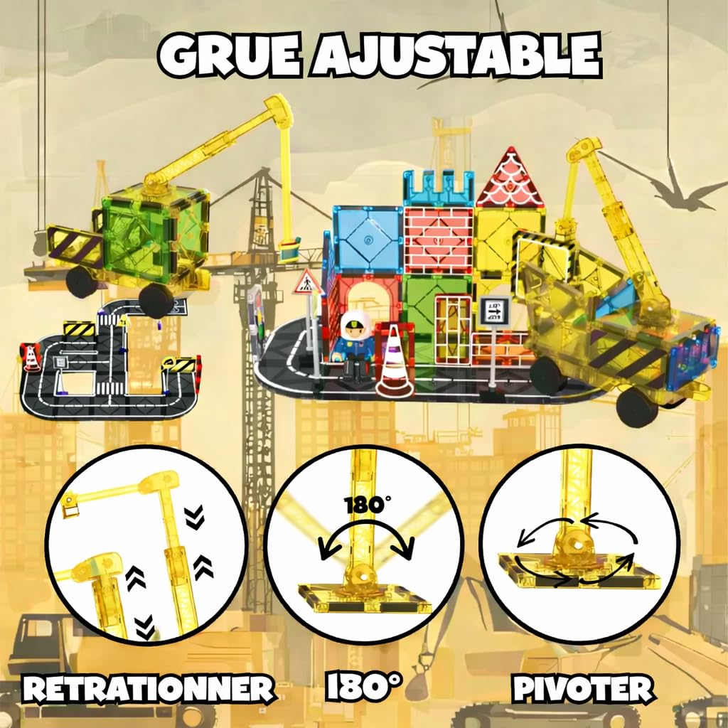 Jeux pour enfants - Ensemble de tuiles magnétiques pour routes avec grue magnétique extensible, jouets de construction de ville pour tout-petits, jouets de construction pour la maternelle STEM, âges 4