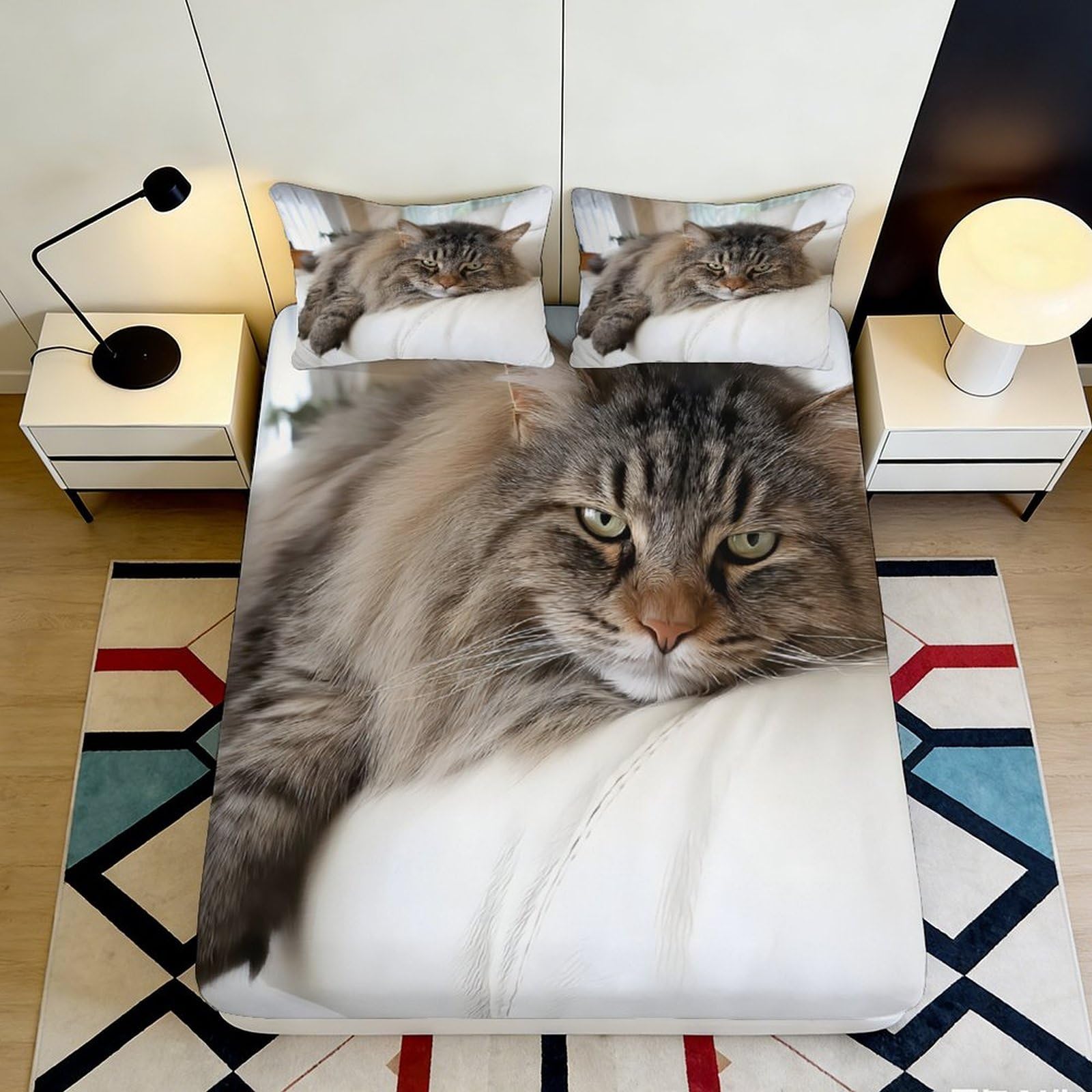 3D Printed Fluffy Cat Fitted Sheet Microfiber Bedroom Decor Realistic Animal Mattress Cover for Home Dorm 120x200x25cm