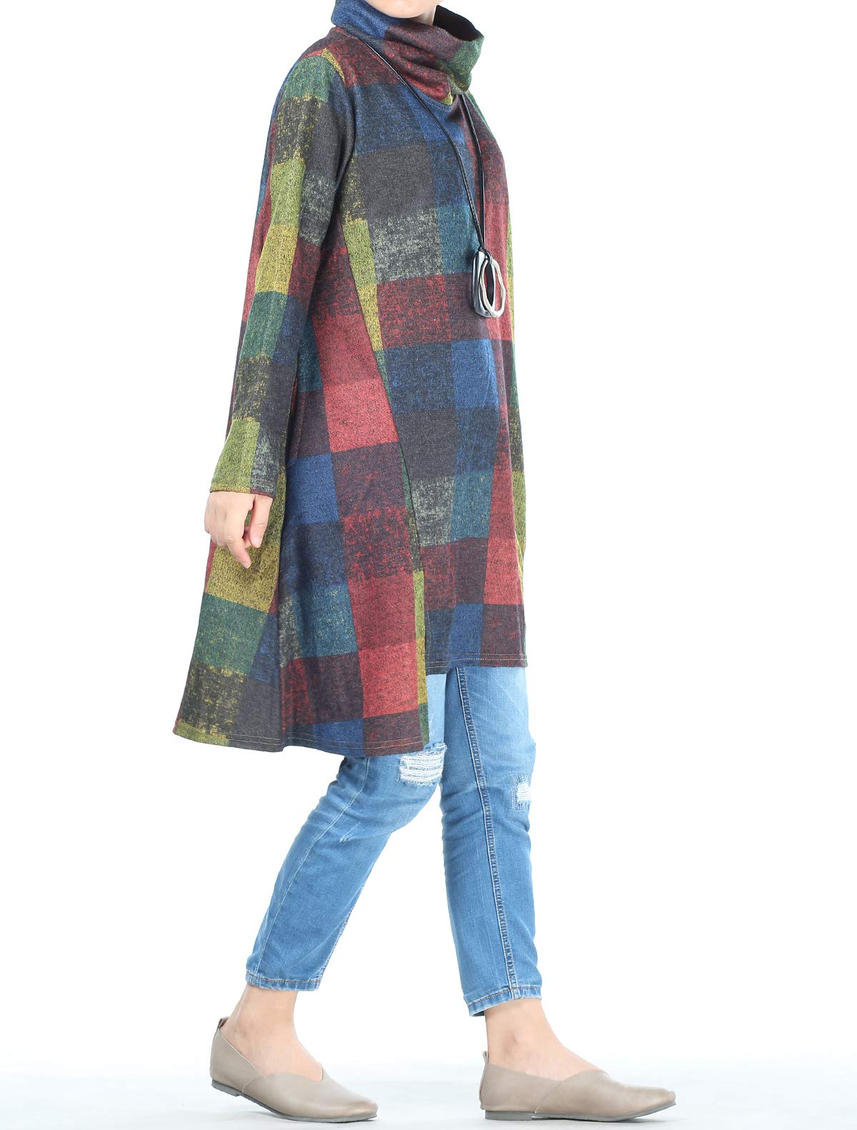 FTCayanz Donna Maglione Vestito Collo Alto Manica Lunga Plaid Pullover Top