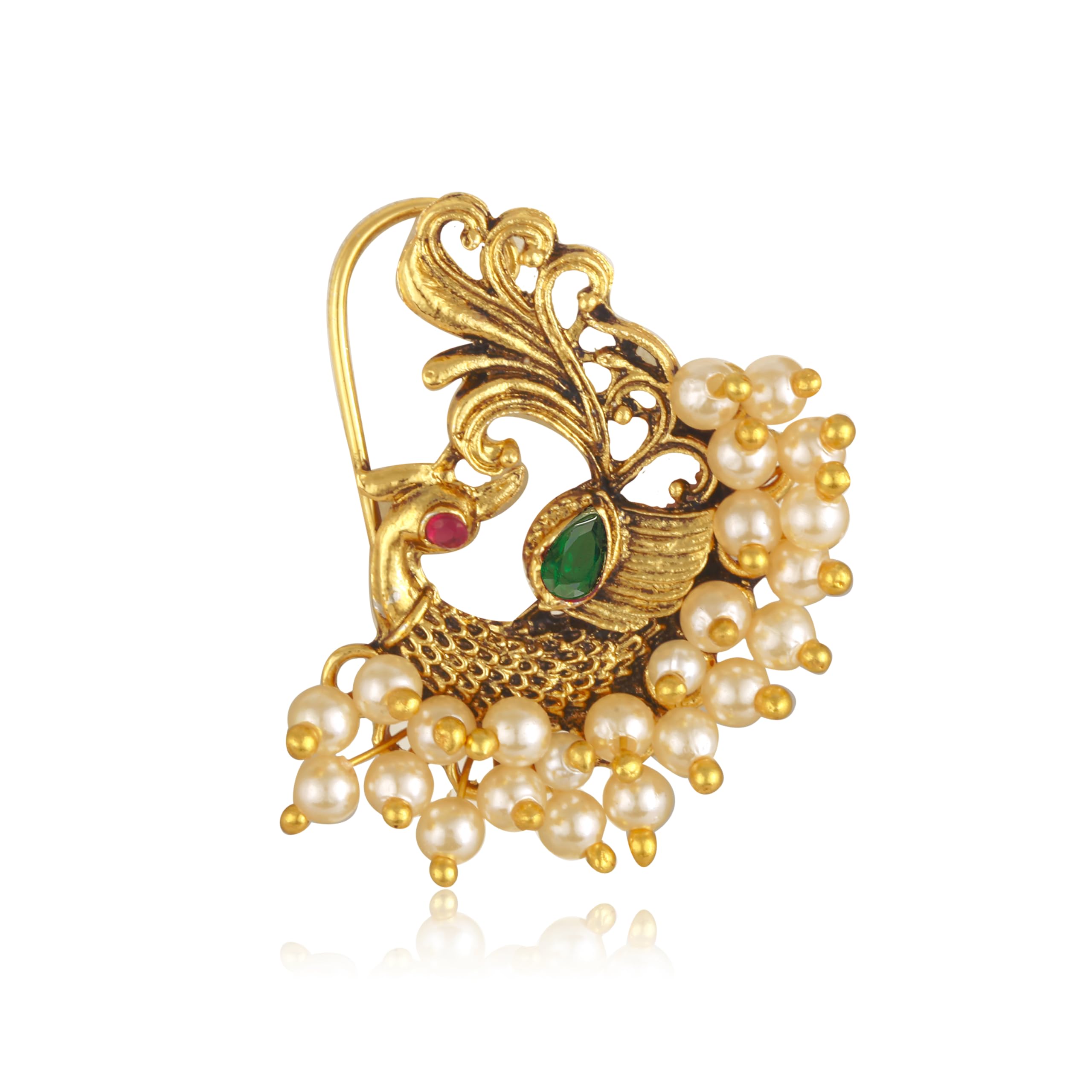 Vighnaharta Gold Plated Pearls (Moti) Mayur Peacock Alloy Maharashtrian Cultural Nath Nathiya./ Nose Pin for women[VFJ1282NTH-PRESS]-image-30