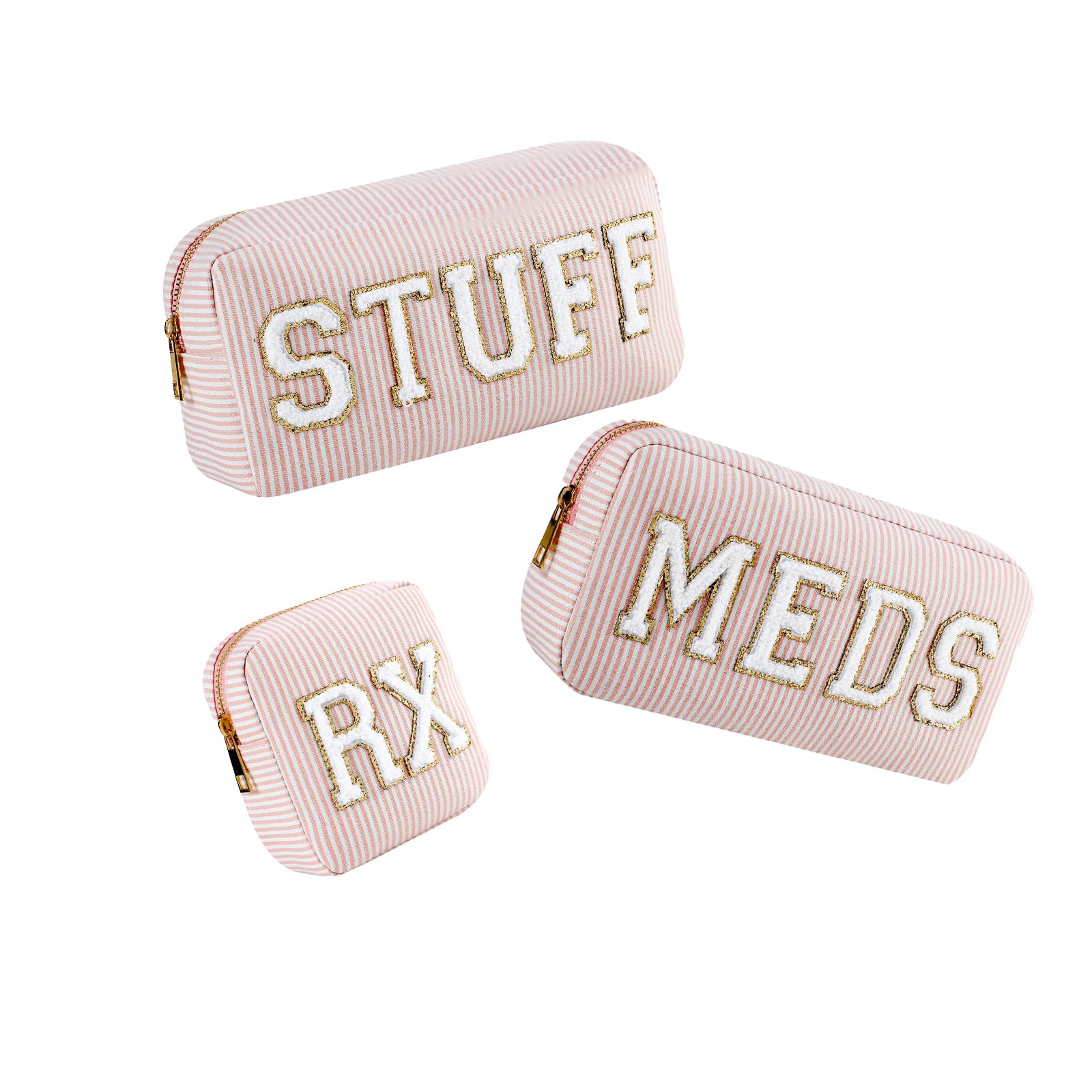 uekeboag Seersucker Chenille Letter Stuff Meds RX Makeup Bag, Travel Washable Purse Organizer with Zipper, Lightweight Toiletry Cute Personalized