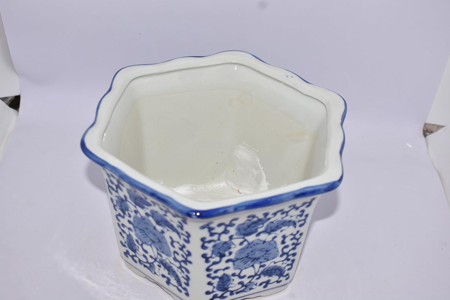 Generic New 7.5"" Blue & White Scallop Edge Oriental Ornate Floral & Vine Design Octagon Shape Bonsai Planter Plant Pot