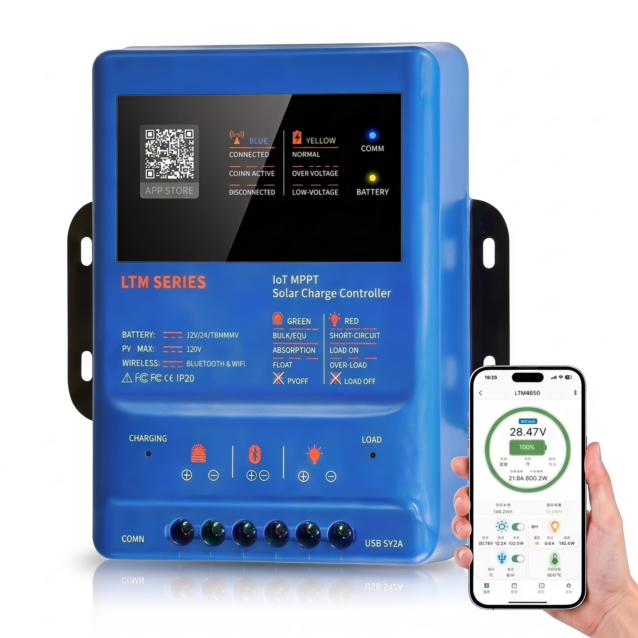 MPPT solarny regulator ładowania 30 A, 12 V, 24 V, 36 V, 48 V, 120 V, PV z aplikacją WiFi Bluetooth – inteligentny kontroler ładowania solarnego do przyczep kempingowych LiFePO4 AGM Off-Grid