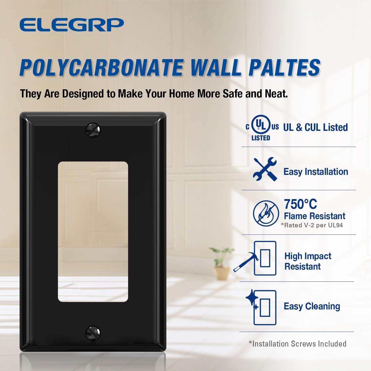 ELEGRP 3 Way Decorative Light Switch & ELEGRP Decorative Receptacle Wall Plate(10 Pack, Glossy Black)