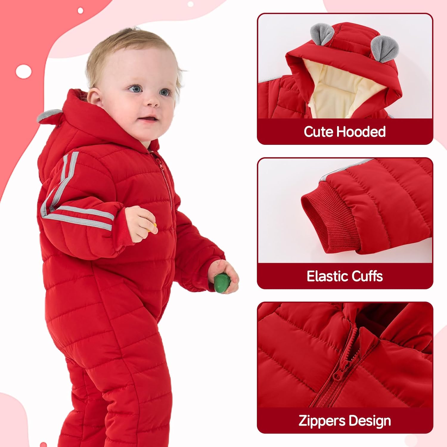 JiAmy Infant Snowsuit Hooded Baby Winter Clothes Newborn Winter Coat Baby Bear Outfit - Image 3