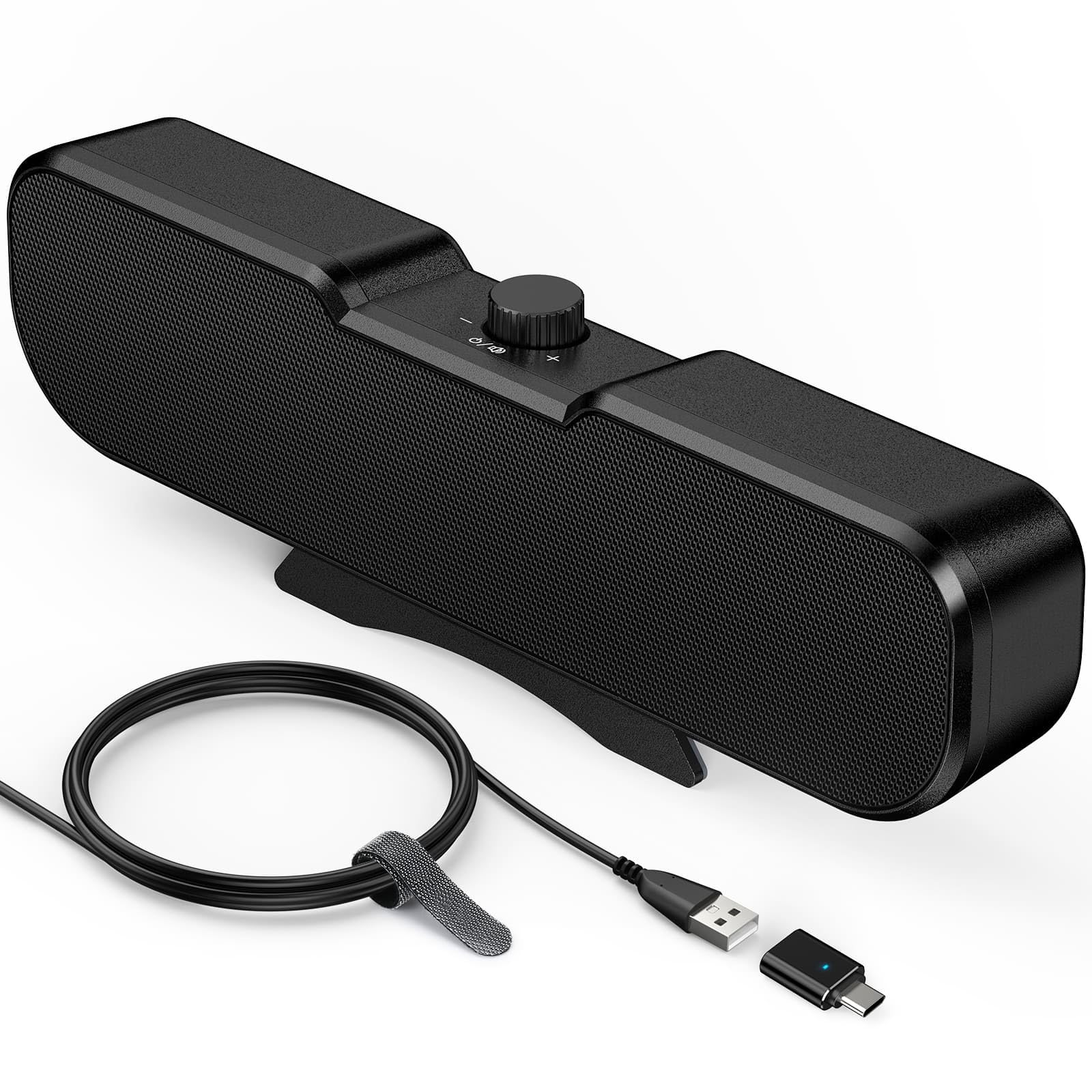 Computer Speakers for Desktop PC Monitor, Easy Volume Knob, Sturdy Clamp, Basic Sound, Laptop Speakers with Compact Design, USB/USB C Adapter for Power and Audio(Black)