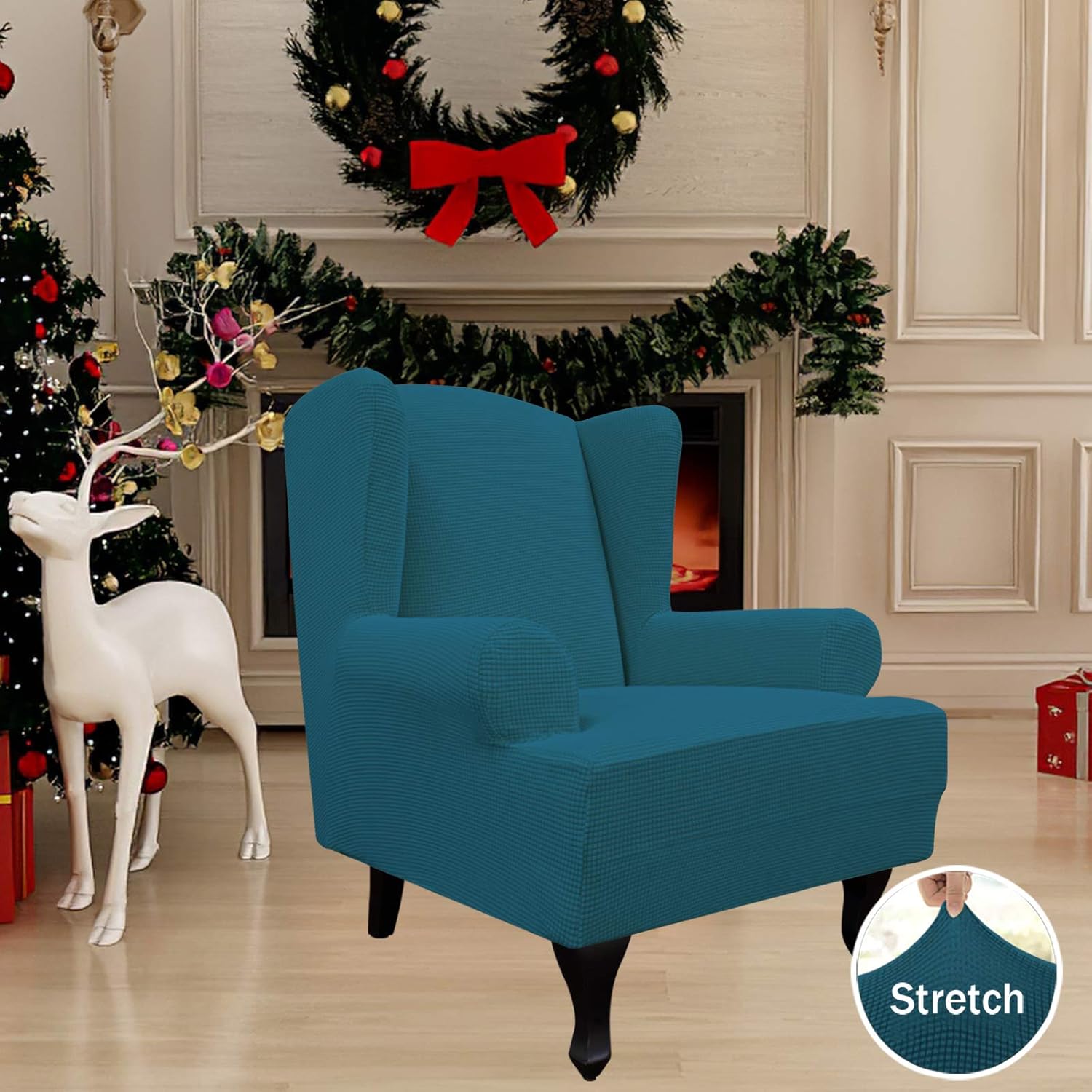 Easy-Going Stretch Wingback Chair Sofa Slipcover 1-Piece Sofa Cover Furniture Protector Couch Soft with Elastic Bottom, Spandex Jacquard Fabric Small Checks(Large,Peacock Blue)