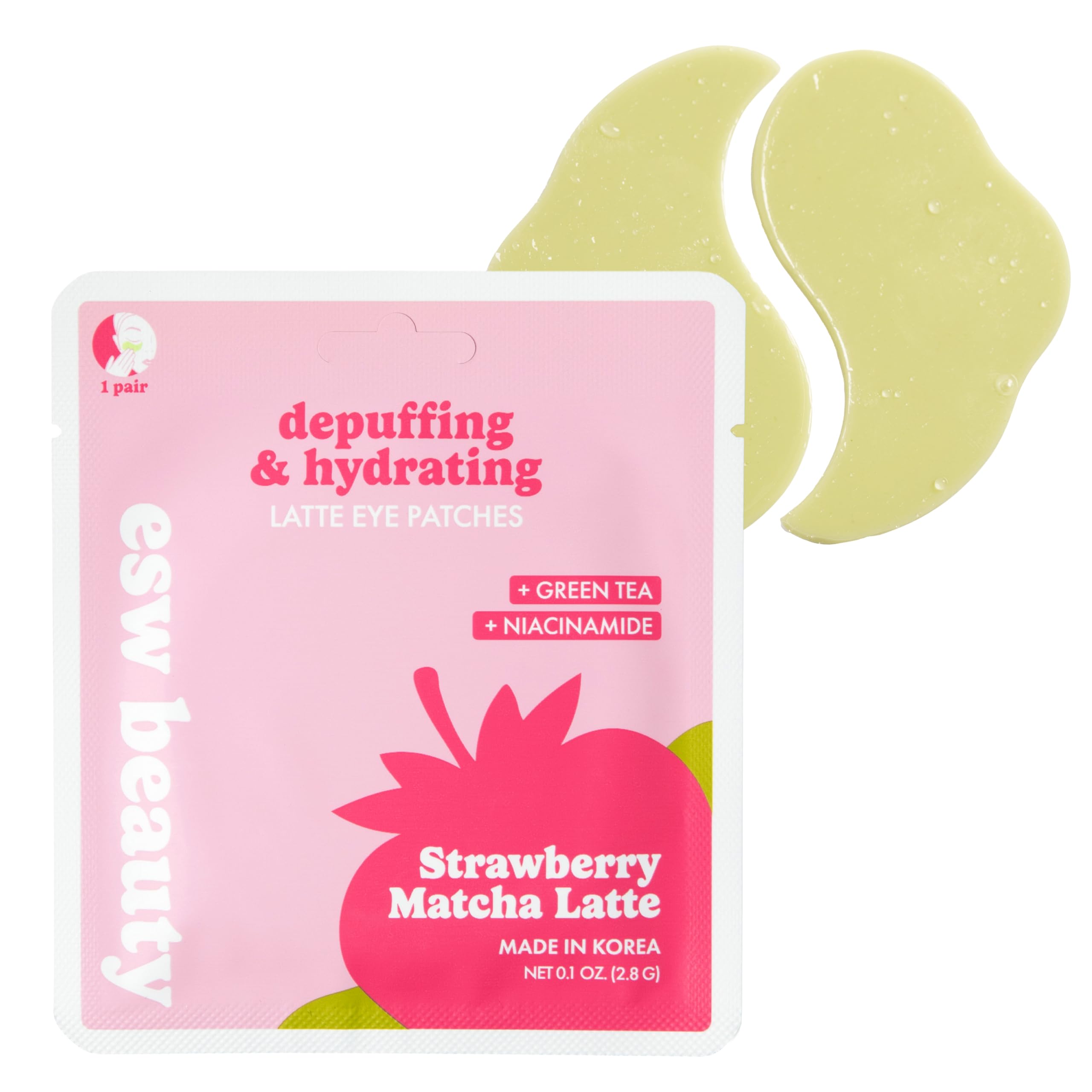Strawberry Matcha Latte Under Eye Patches – Depuffing & Hydrating – Vegan Hydrogel with Green Tea for Refreshing, Nourished Under Eyes