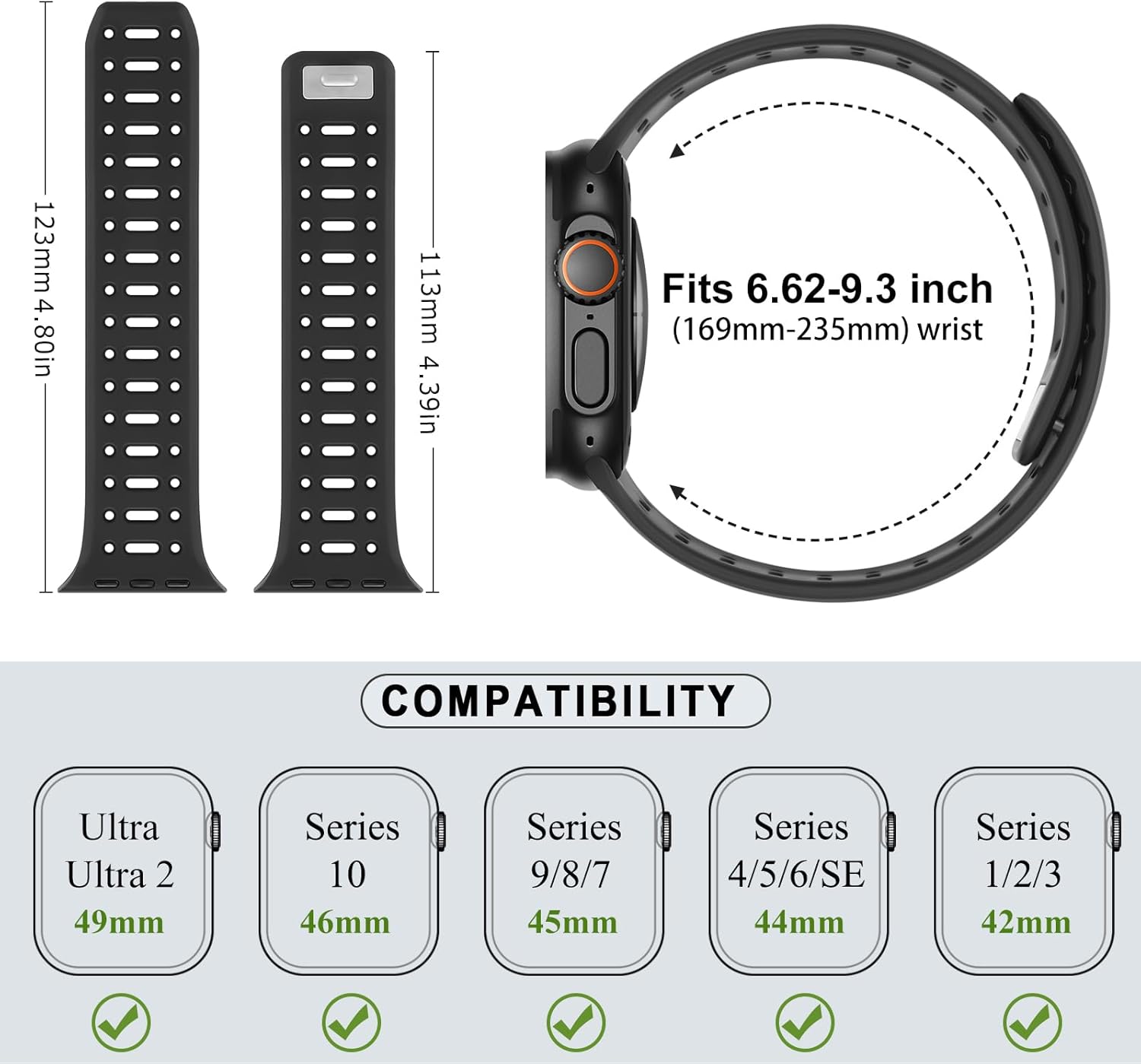 Amizee Compatible with Apple Watch Band 49/46/45/44/42/41/40/38mm Men, Silicone Breathable Magnetic Strap for iWatch Ultra 3/2/1 Series 11 10 9 8 7 6 5 4 SE3/2/1 (49/46/45/44/42mm, Black) - Image 6