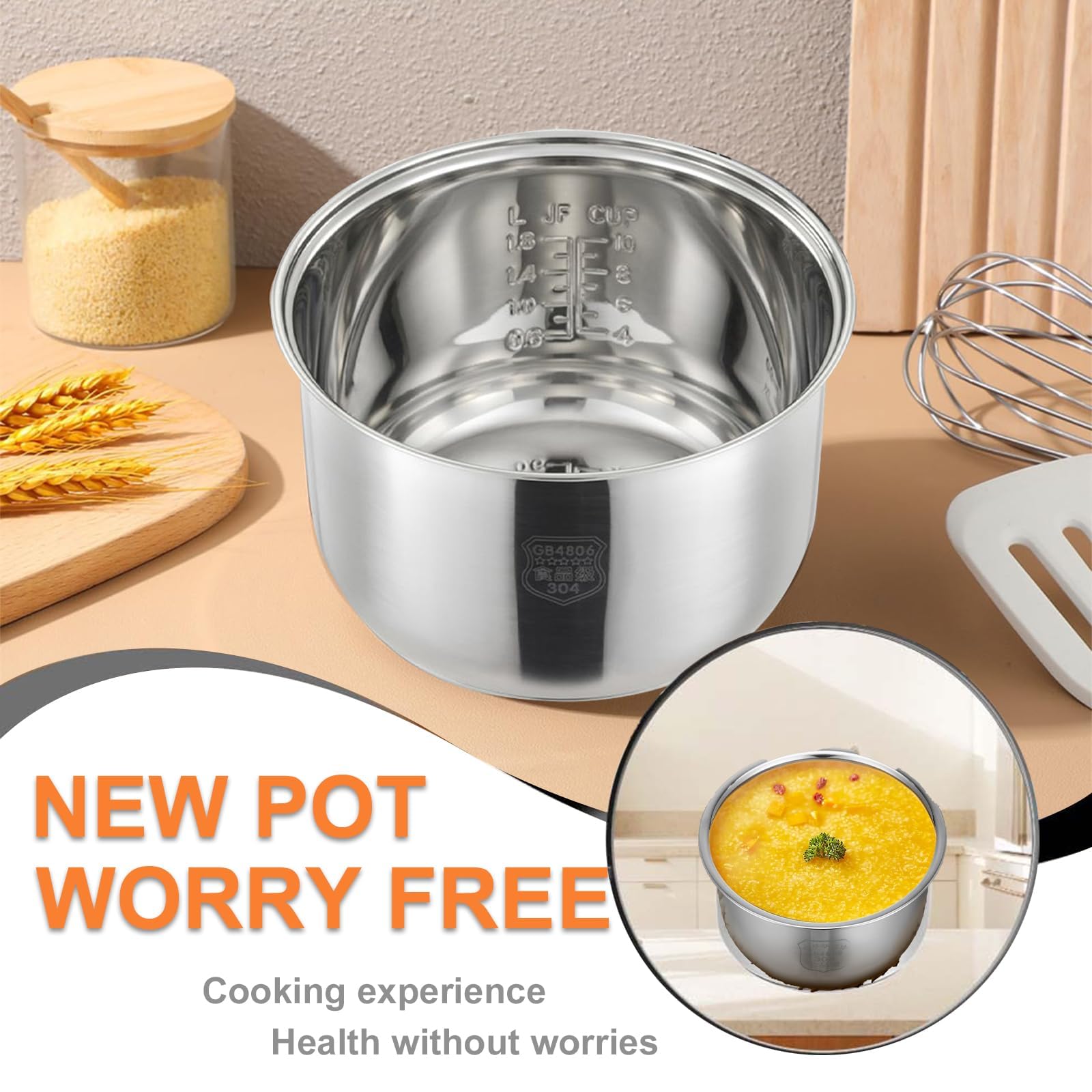 Rice Cooker Stainless Steel Inner Pot, Stainless Steel Inner Pot, Suitable for Various Brands of Rice Cooker Replacement Pots (Silver,5L (140mm height))