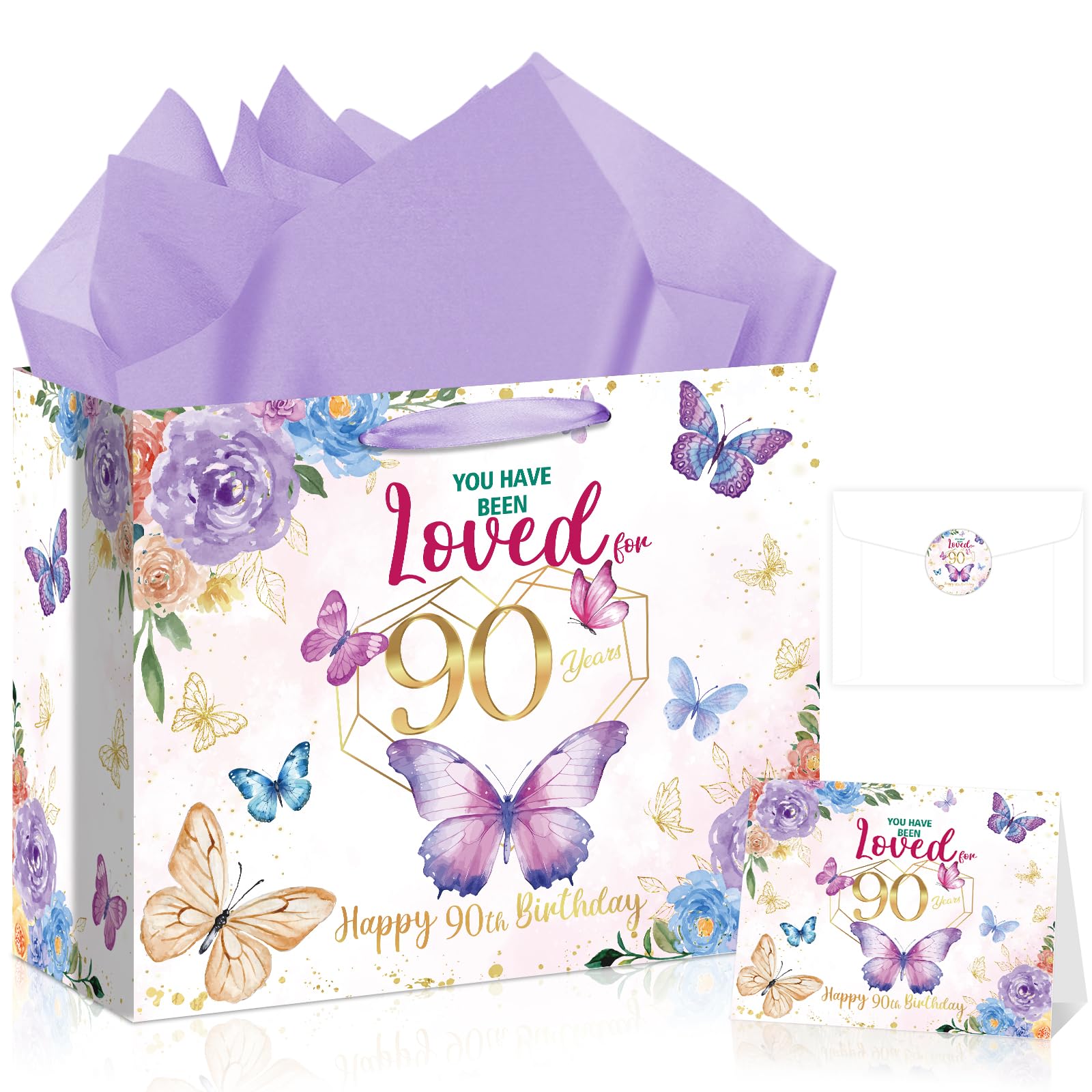 Allparty 90th Birthday Gift Bag with Card Wrapping Paper Envelope Sticker