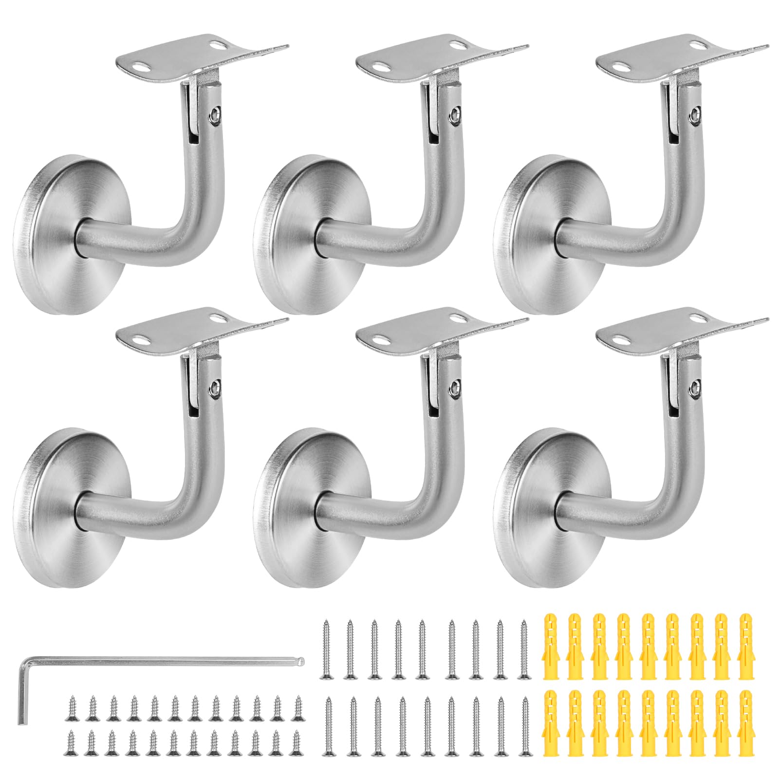 SUPAWAY Handrail Bracket Handrail Wall Bracket for Stair Railing Stainless Steel Handrail Bracket for Stairs Hallways Bathrooms Interior Wall Loft Antique Handrails (Silver-6Pcs-Curve)