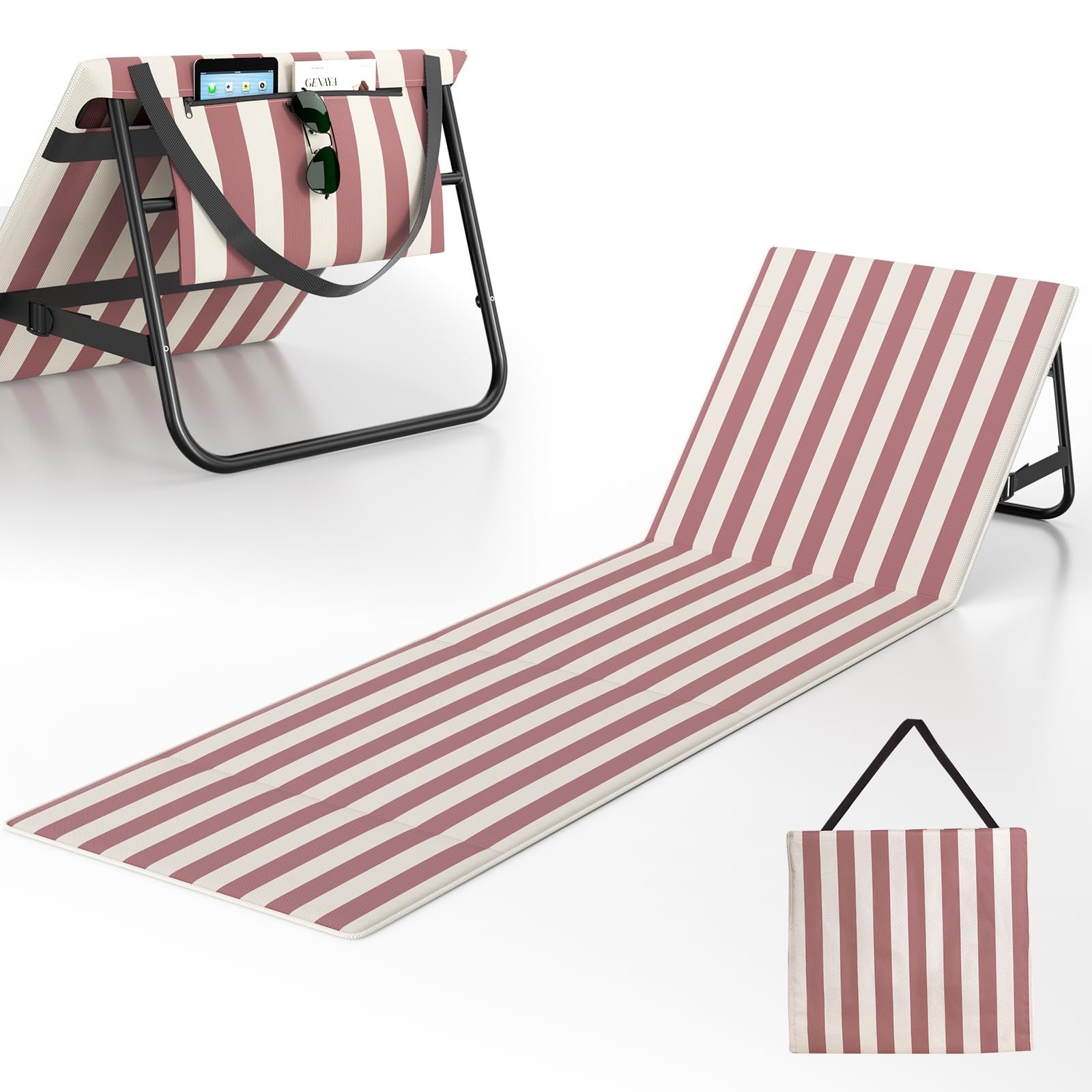 Folding Beach Sun Lounger 180x55cm, Beach Chair Mat Lounger with Adjustable Backrest, Lightweight Portable Garden Sunlounger Mat with Pocket & Shoulder Strap for Garden, Camping (Pink Stripes)