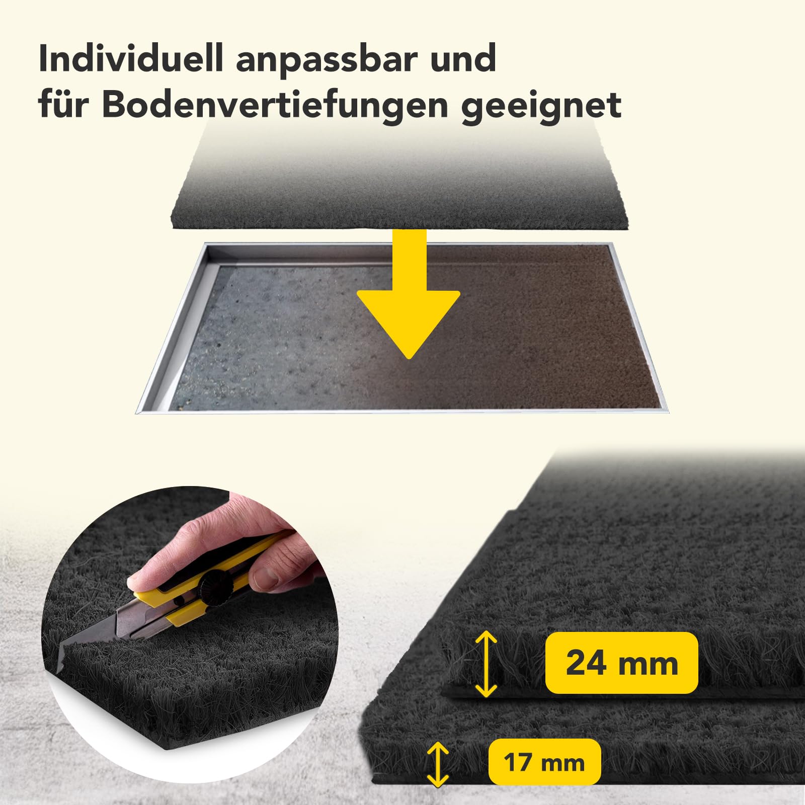 Floordirekt Felpudo para interior y exterior, 100x100 cm Negro, alfombrilla de puerta de coco, alfombrilla para atrapar suciedad para la puerta principal, alfombrilla antideslizante, alfombrilla de