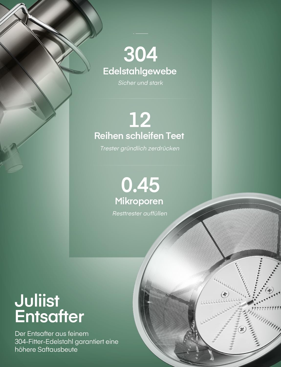 JUILIST Entsafter Gemüse und Obst, 65 mm Einfüllschacht, 3 Einstellungen, Mit Reinigungsbürste, Leicht zu Reinigen