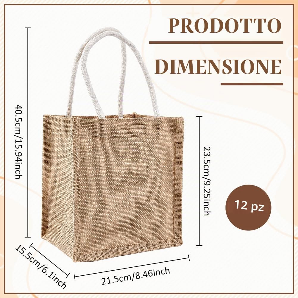 BENECREAT 12 Mini Borsa Tote In Iuta con Manici, Borsa Tote In Tela di Iuta di Lino Naturale, Mini Sacchetti Regalo In Juta Riutilizzabili per Matrimoni, Festa Della Mamma, 23.5x21.5x15.5cm