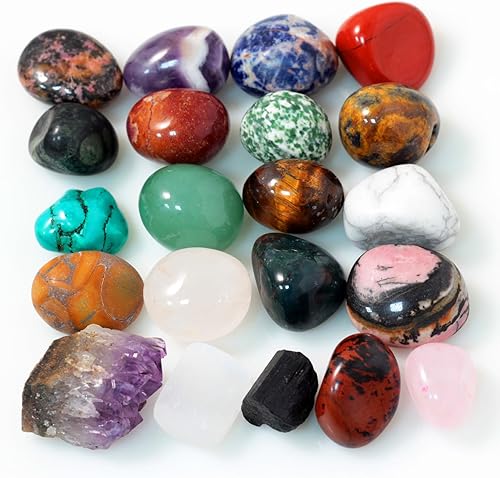 Piedras preciosas pulidas naturales de 0.7 libras (25 + piezas), racimo de amatista, selenita y turmalina incluidas, cristales y piedras pulidas a