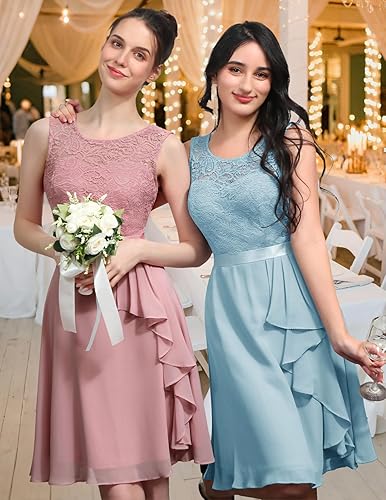 Miniatura 3 de BeryLove - Vestidos de cóctel para mujer, vestido corto de dama de honor, dobladillo con volantes, sin mangas, vestido formal de encaje