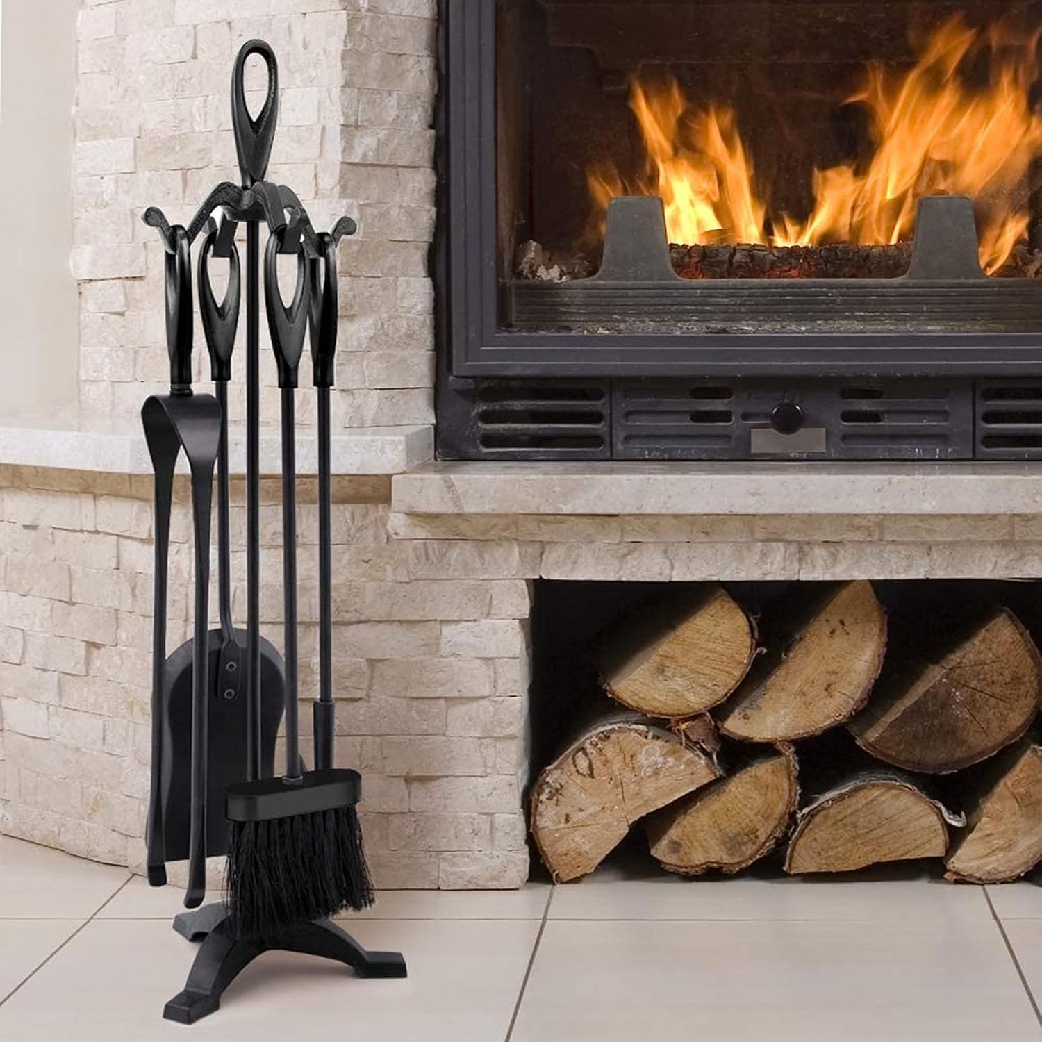 5 Piece Stand Alone Fire Place Set, Outdoor Rustic Wrought Iron Fireplace Tools Includes Stand/Brush/Shovel/Poker Finish