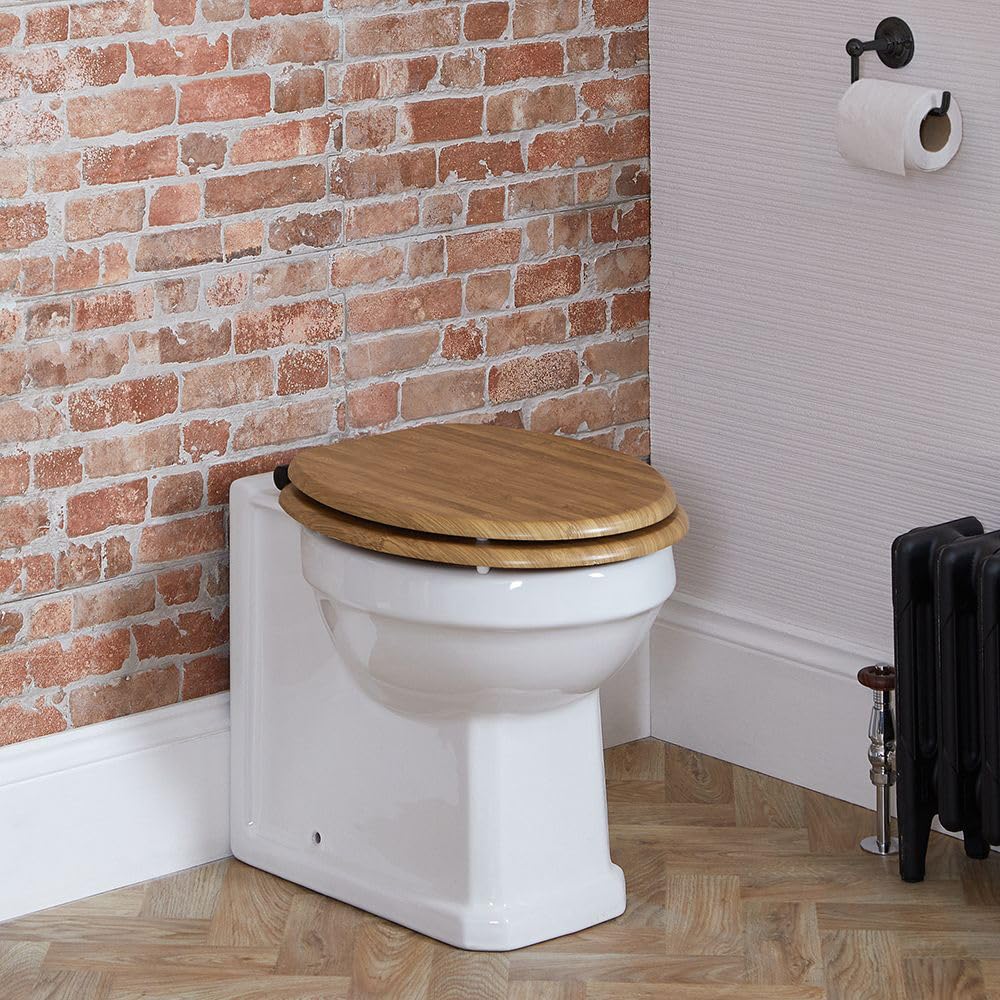 Milano Richmond Back to Wall Toilet Pan with Oak Effect Seat - Black Hinges