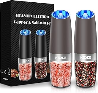 Sweet Alice Gravity Electric Pepper and Salt Grinder Set, Adjustable Coarseness, Battery Powered with LED Light, One Hand Automatic Operation, Brown, 2 Pack