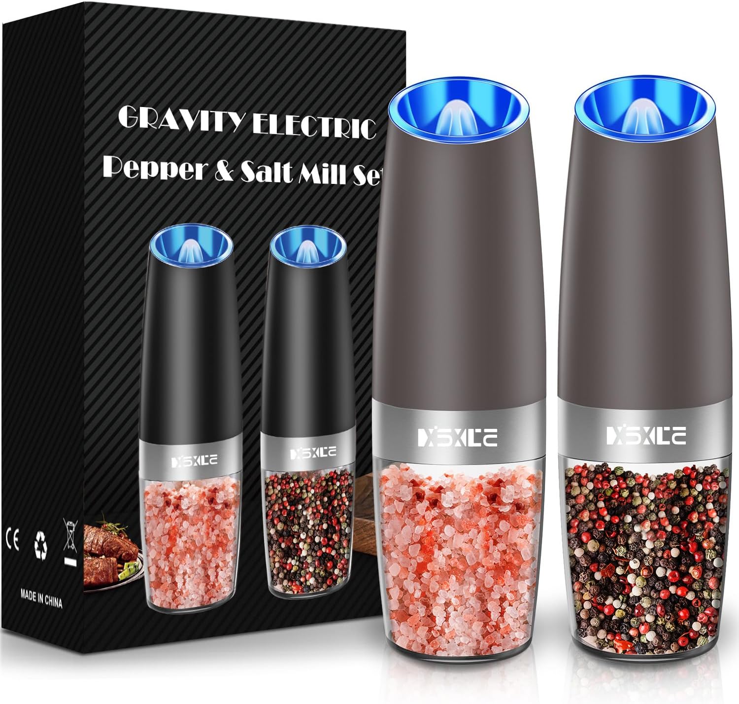 Gravity Electric Pepper and Salt Grinder Set, Adjustable Coarseness, Battery Powered with LED Light, One Hand Automatic Operation, Brown, 2 Pack