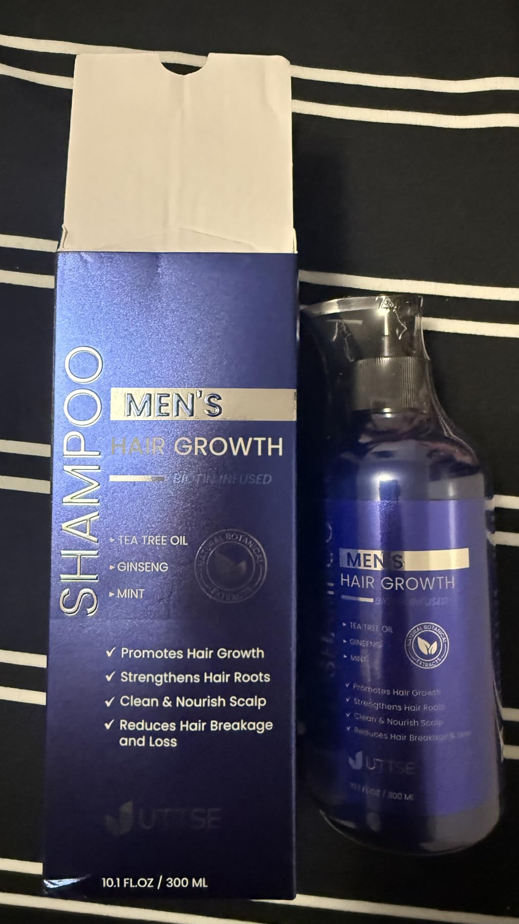 Uttse Biotion Hair Growth Shampoo for Men: Natural Thickening Shampoo with Tea Tree Oil Ginseng Mint for Hair Loss and Thinning Hair - 10.1 fl.oz, Dark Blue