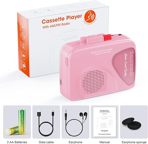 Miniatura 7 de Grabador portátil de cassette, reproductor de cinta y radio AMFM con altavoz integrado, micrófono, conector para auriculares (bateríaalimentado por