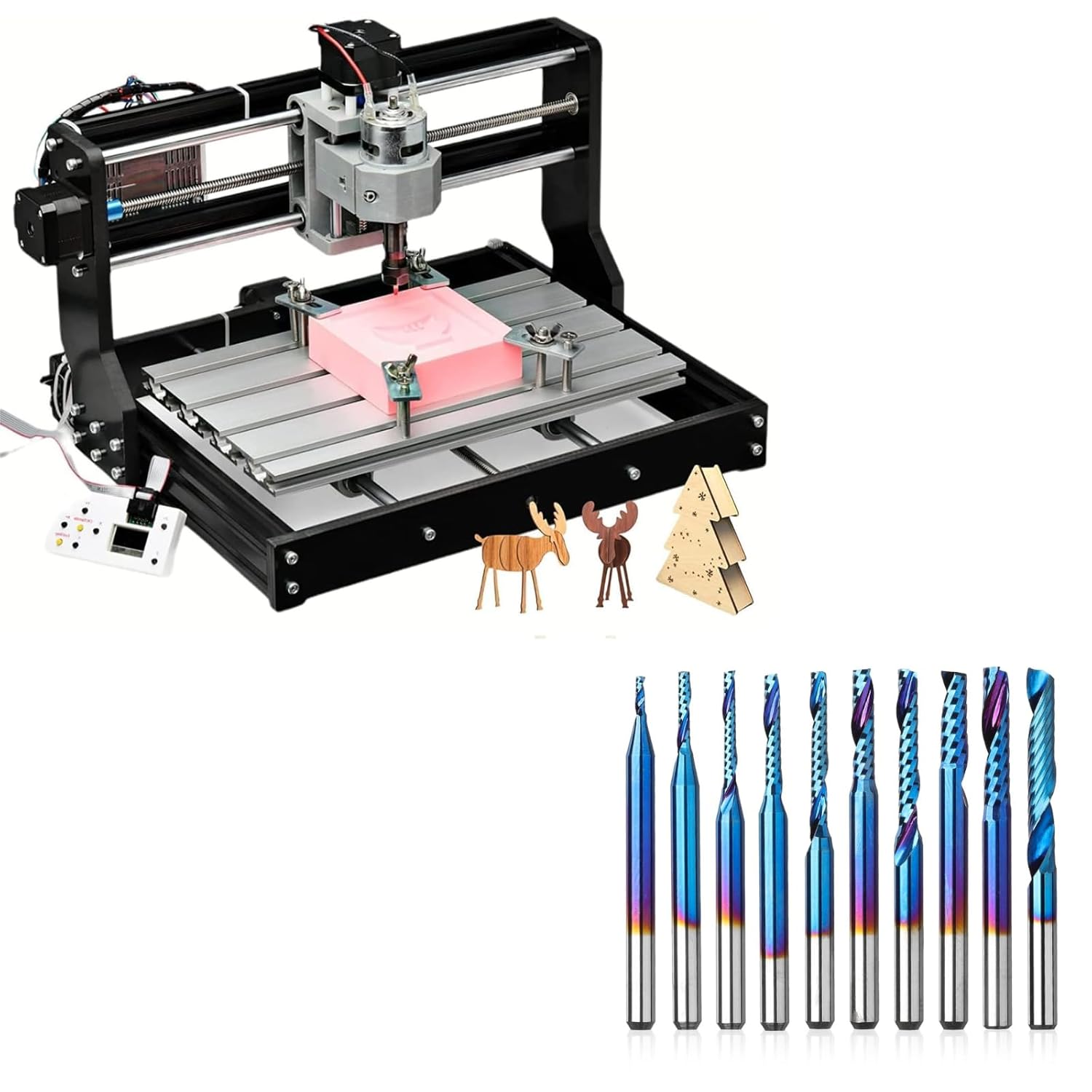 Genmitsu CNC Machine 3018-PRO Router Kit +1/8 Inch Shank 10pcs Carbide Spiral O Flute (Single Flute) End Mill CNC Router Bits