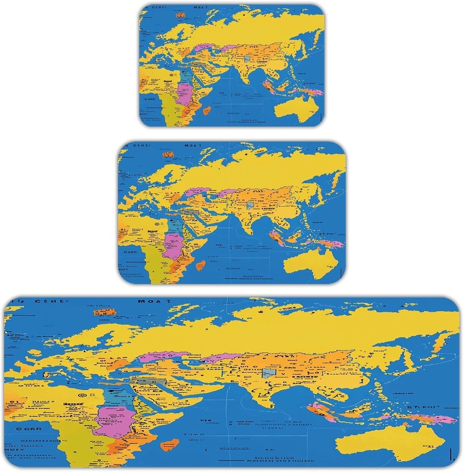World Geography Map Kitchen Rugs Sets of 3 Washable Non Slip Kitchen Rug Water Resistant Carpet Piece Anti Fatigue Kitchen Mats Soft Comfort Standing Mat Modern Area Rug