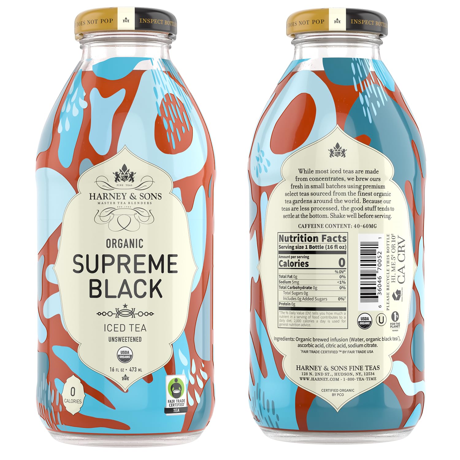 Harney & Sons Organic Supreme Black Unsweetened Iced Tea, 16 oz Glass Bottles (Pack of 12)