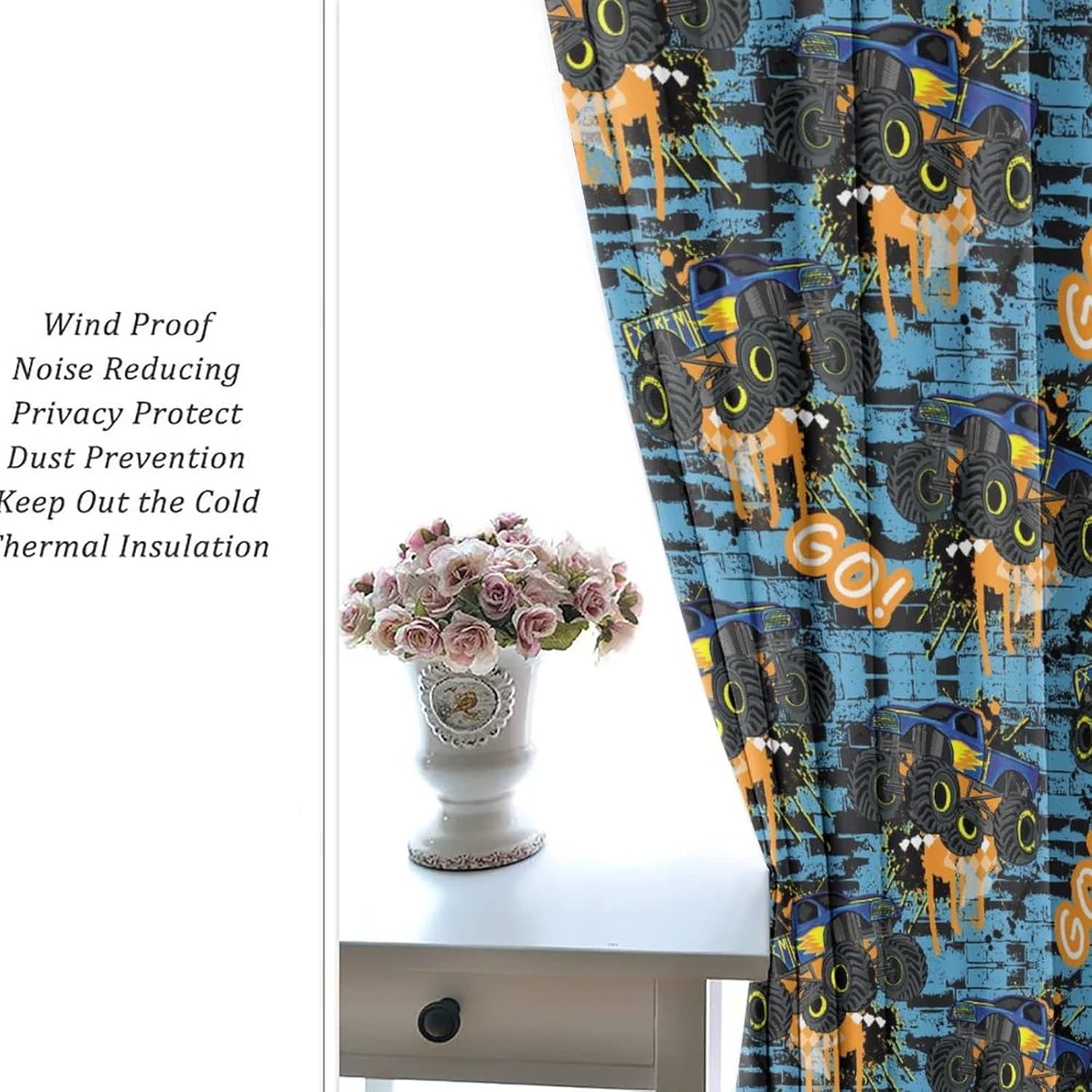 Retro Monster Truck Blackout Curtains for Bedroom,Cartoon Monster Truck Colorful Graffiti Splash Brick Wall Room Darkening Window Curtains with Grommets - 2 Panels 63L x 21W