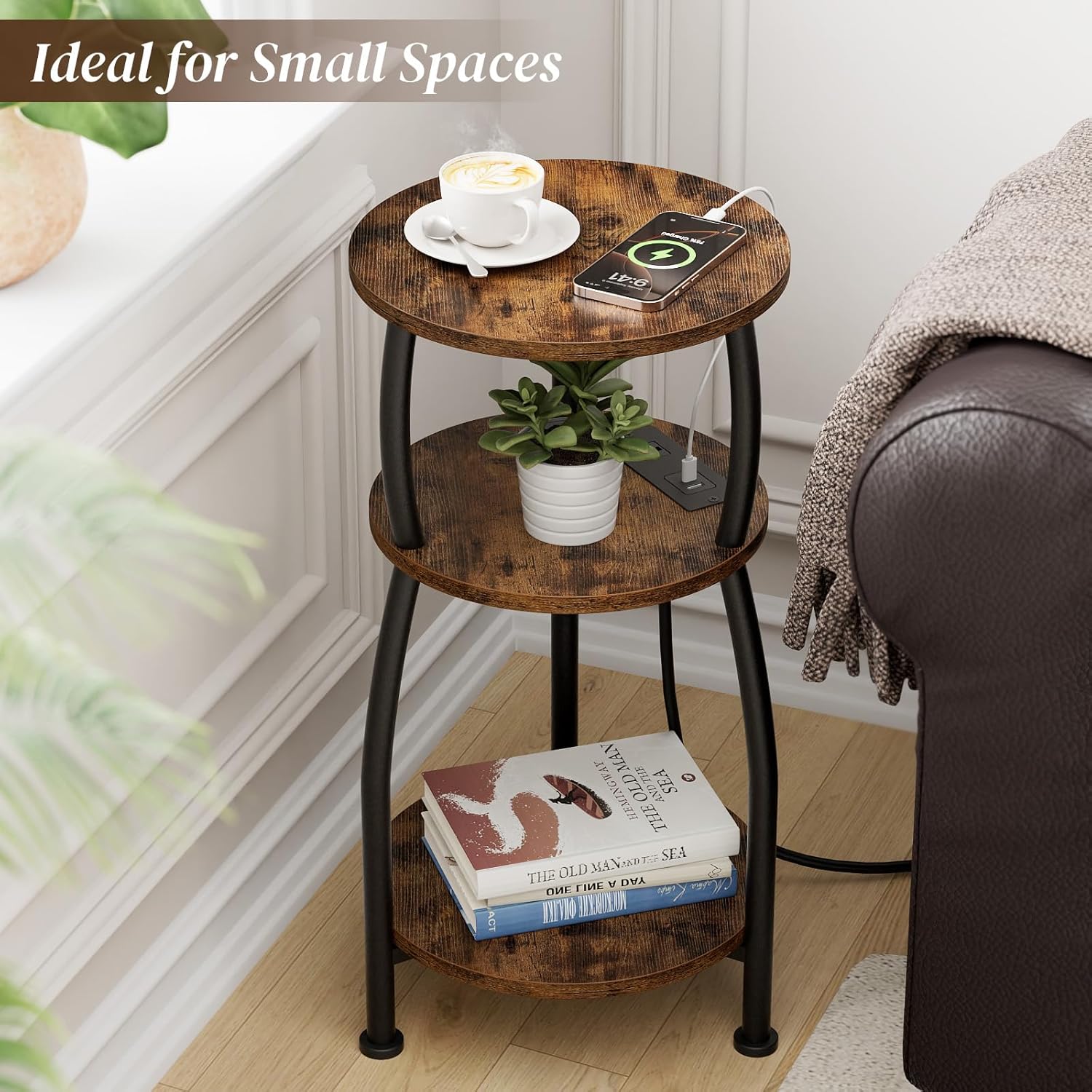 Round Side Table with Power Outlet & USB Ports, 3-Tier End Table with Storage Shelf, Modern Rustic Nightstand, Small Spaces Accent Table for Living Room Bedroom, Easy Assembly, Rustic Brown