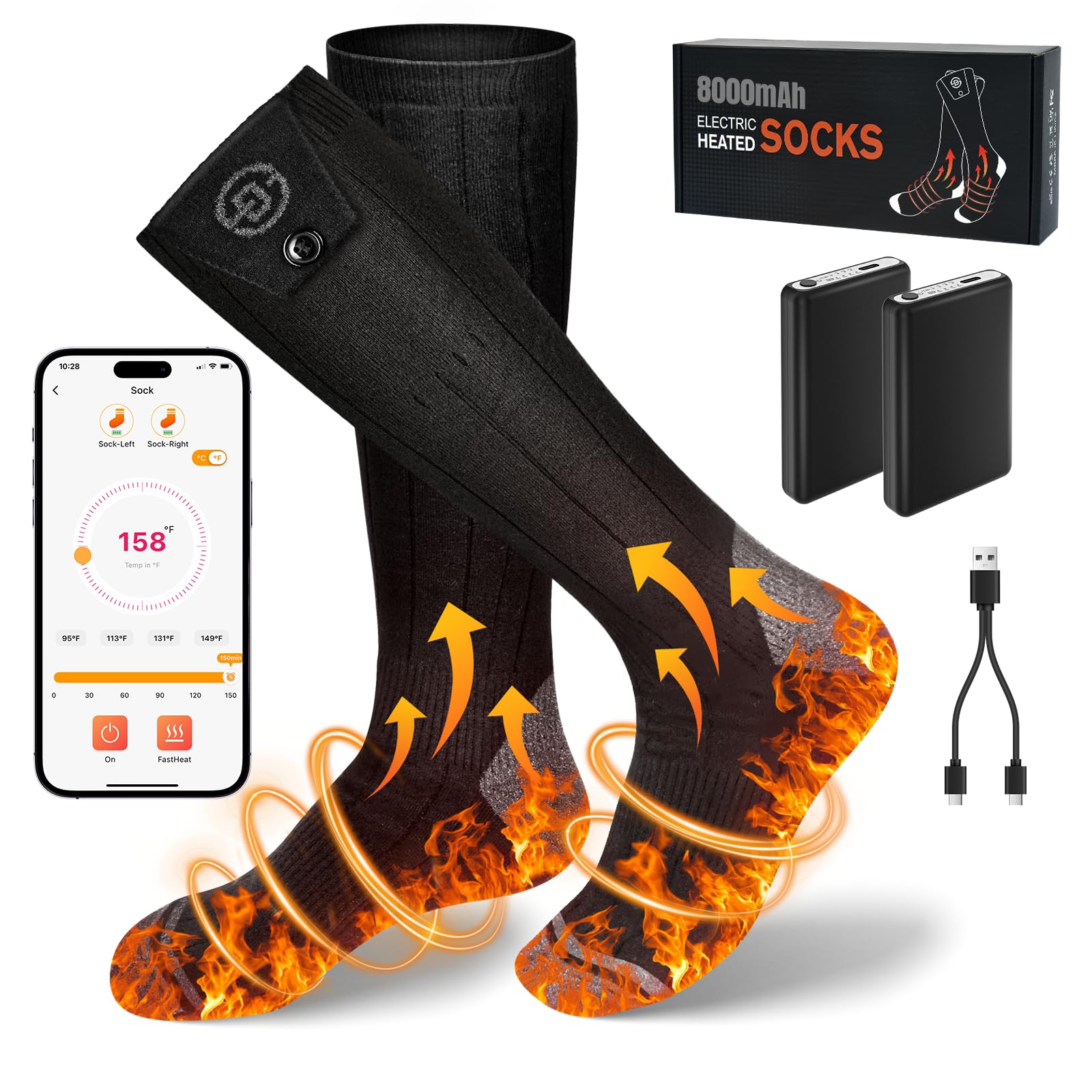 Starines 8000mAh Heated Socks for Men Women Rechargeable Washable,Battery Electric Sock with 4 Heating Level APP Control Winter Warm Thermal Foot Warmer for Outdoor Work,Camping,Hiking,Skiing,Hunting