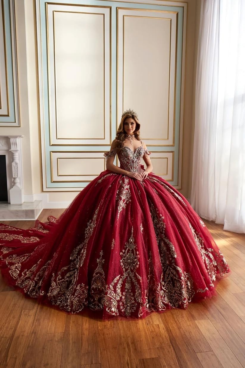 Sparkly Tulle Quinceanera Dresses with Tassel Gold Appliques Sweet 16 Dresses Cold Shoulder Vestidos de 15 años