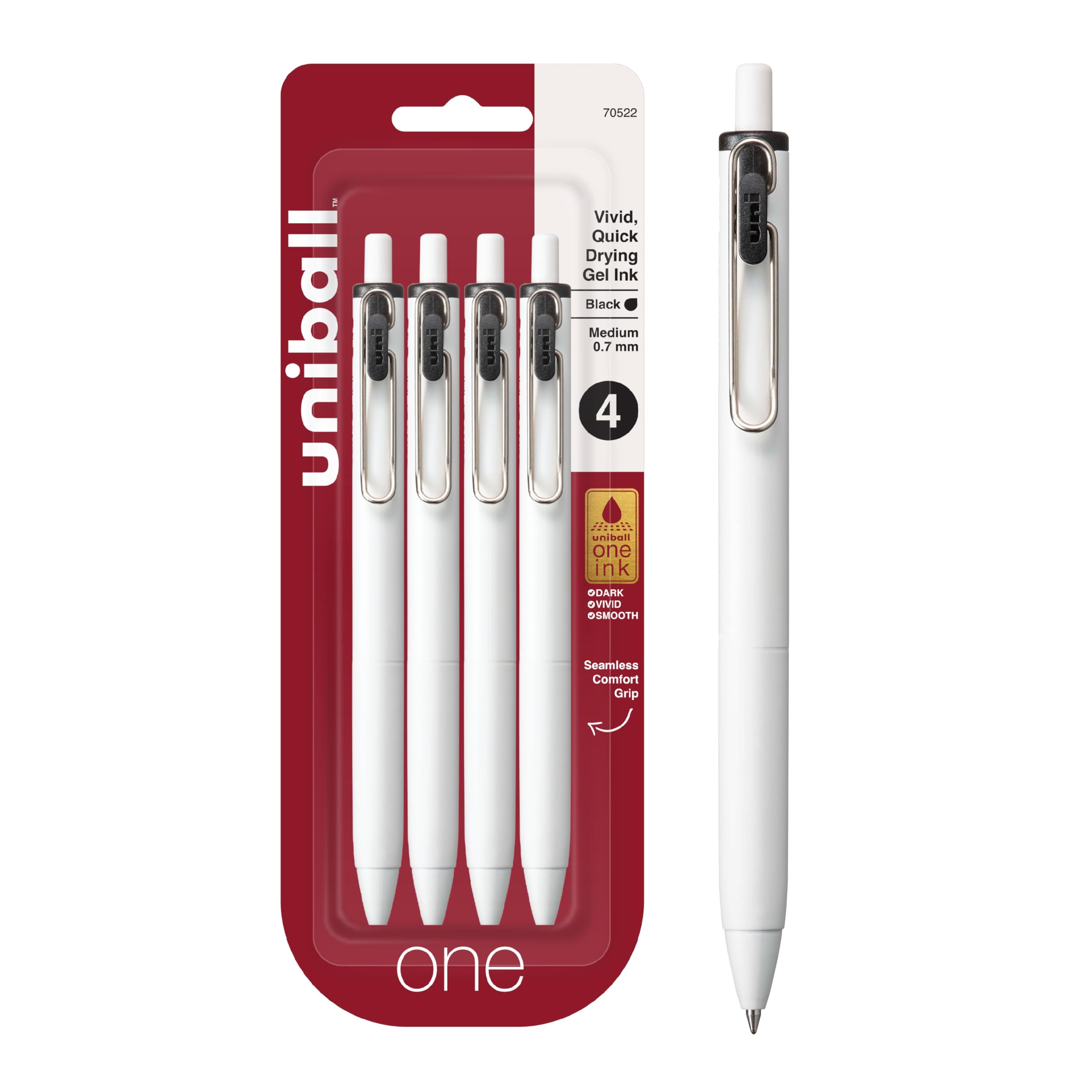 Uni-Ball One Black Retractable Gel Pens 4 Pack with Medium Points, Uni-Ball Click Pens are Fraud Proof and the Best Office, School, and Bible Pens