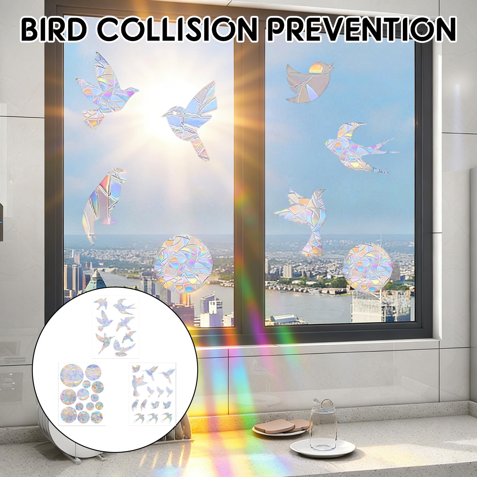 Lot de 48 autocollants de fenêtre Prisme, anti-collision avec style cercle de colibri, Suncatcher Arc-en-Ciel, style cercle de colibri translucides pour les coups d'oiseaux