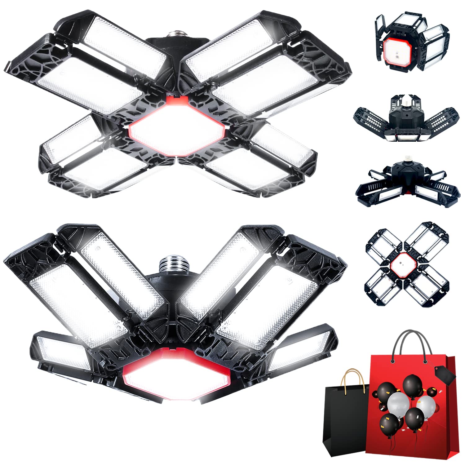 Garage Lights Ceiling Led 12 Panel Plug in Shop Lights 2 Pack Screw in LED Garage Light 180W Bright Garage Light 18000 LM 6500K Deformable Garage Lighting Fixture for Garage Basement Workshop