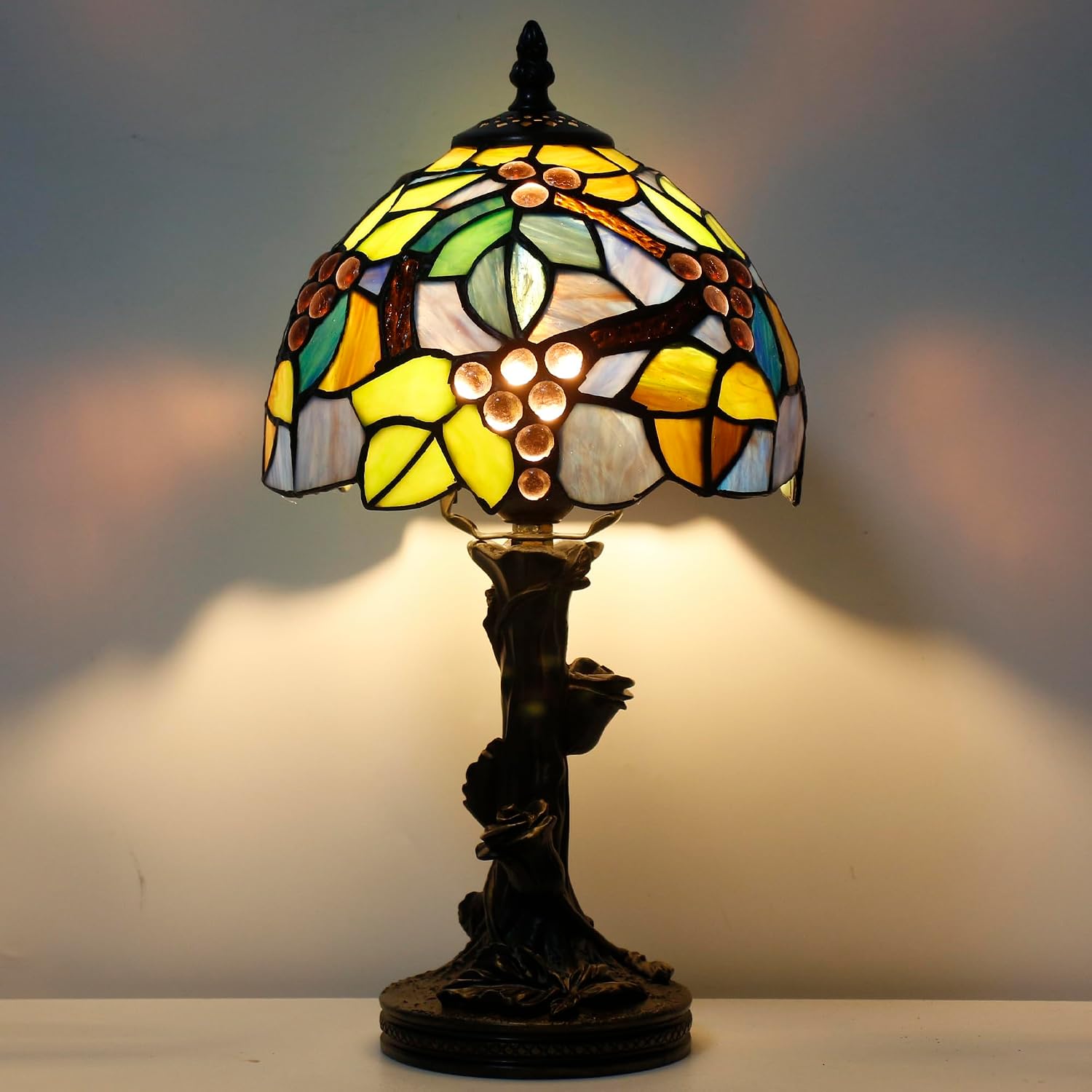 Small Tiffany Lamp Stained Glass Table Lamp Amber Grape Style Bedside Desk Light Mini Accent Desk Memory Lamp 8X15 Inch