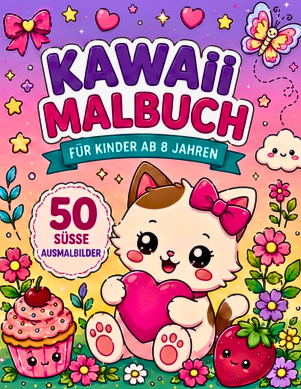 Kawaii Malbuch für Kinder ab 8 Jahren: 50 süße Ausmalbilder mit Tieren, Früchten & niedlichen Motiven - Einseitig bedruckt
