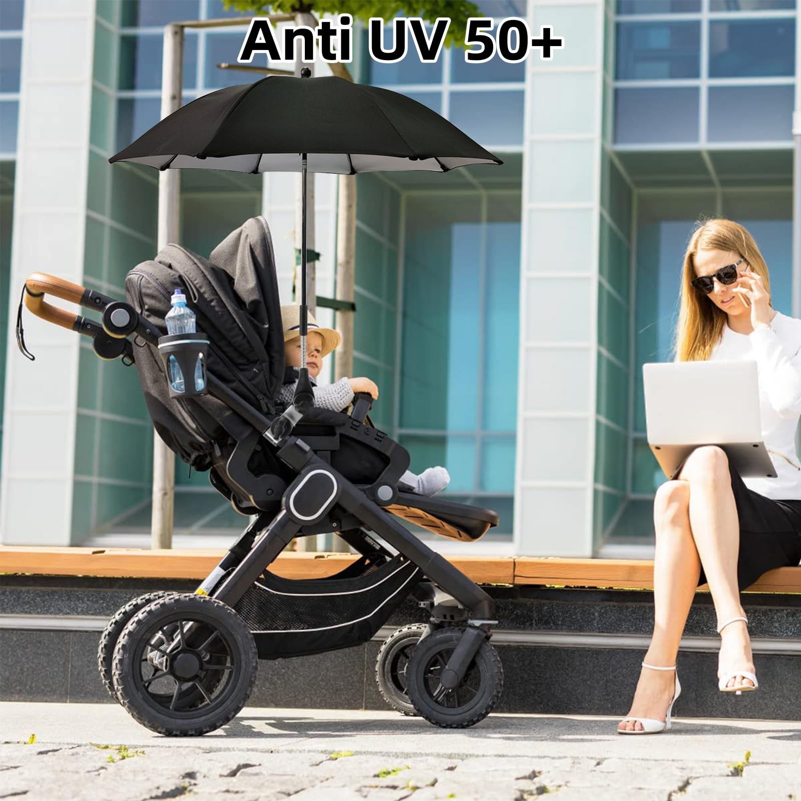 Parasol Poussette Universelle Anti UV 50+ Diamètre 73 cm Noir