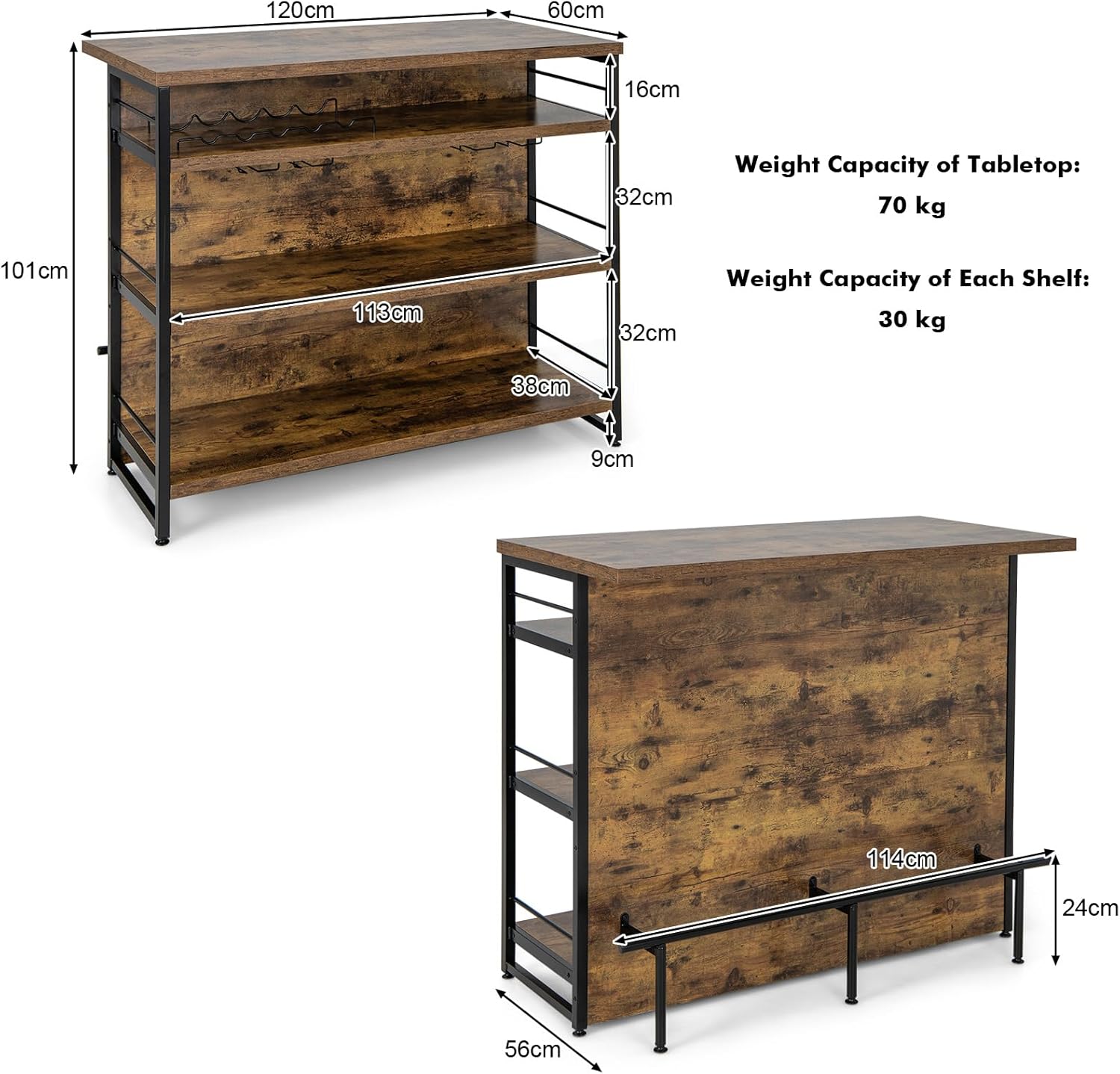 PETSITE Industrial Home Bar Unit, Stationary Kitchen Island w/ 4-Tier Storage Shelf, Wine Rack, Glass Holders, Liquor Bar Table w/Long Footrest, Perfect for Home, Kitchen, Pub