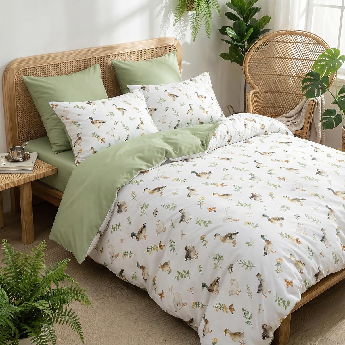 Kids Comforter Set Full 3 Pieces Cute Duck Bedding Set for Girls Boys Rustic Botanical Floral Comforter with 2 Pillowcases, Lightweight Soft 100% Microfiber, Farmhouse Aesthetic
