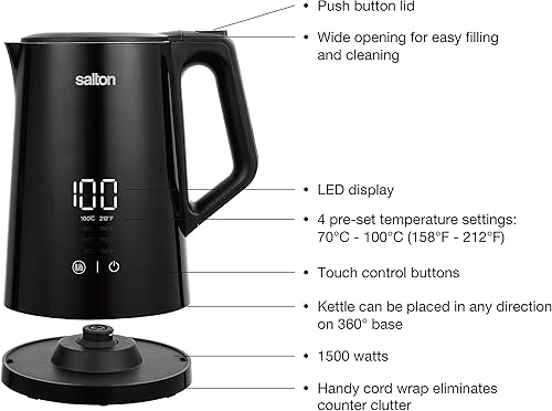 Miniatura 6 de Salton JK1956 Cool Touch - Tetera eléctrica con control de temperatura, 1,5 L, color negro