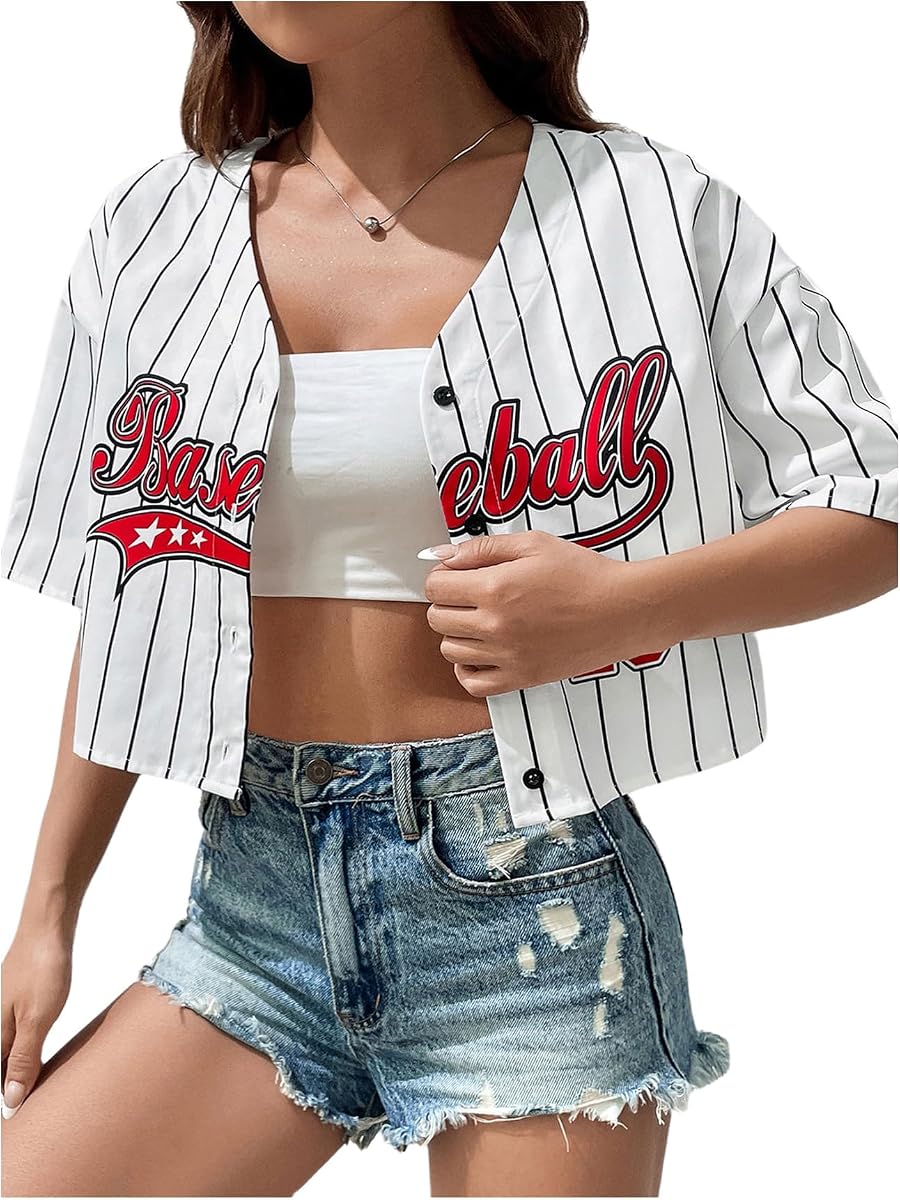 Women's Graphic Printed Short Sleeve Crop Top Baseball Shirt