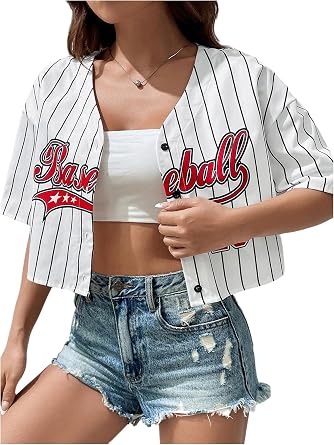 WDIRARA Womens Graphic Printed Short Sleeve Crop Top Drop Shoulder V Neck Button Front Baseball Shirt