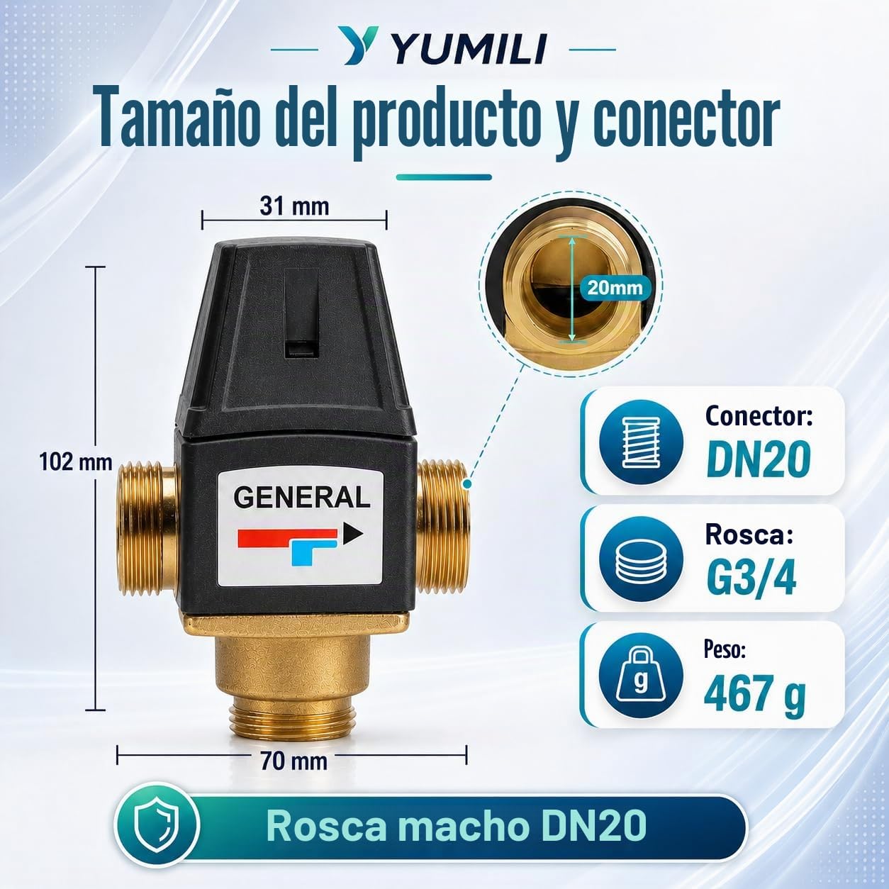 Válvula Mezcladora Termostática DN20, Válvula Termostática de Latón de 3 Vías, Válvula Termostática Termo, Rosca Macho de Latón, Evita Quemaduras para Sistemas de Ducha con Calentador de Agua Solar
