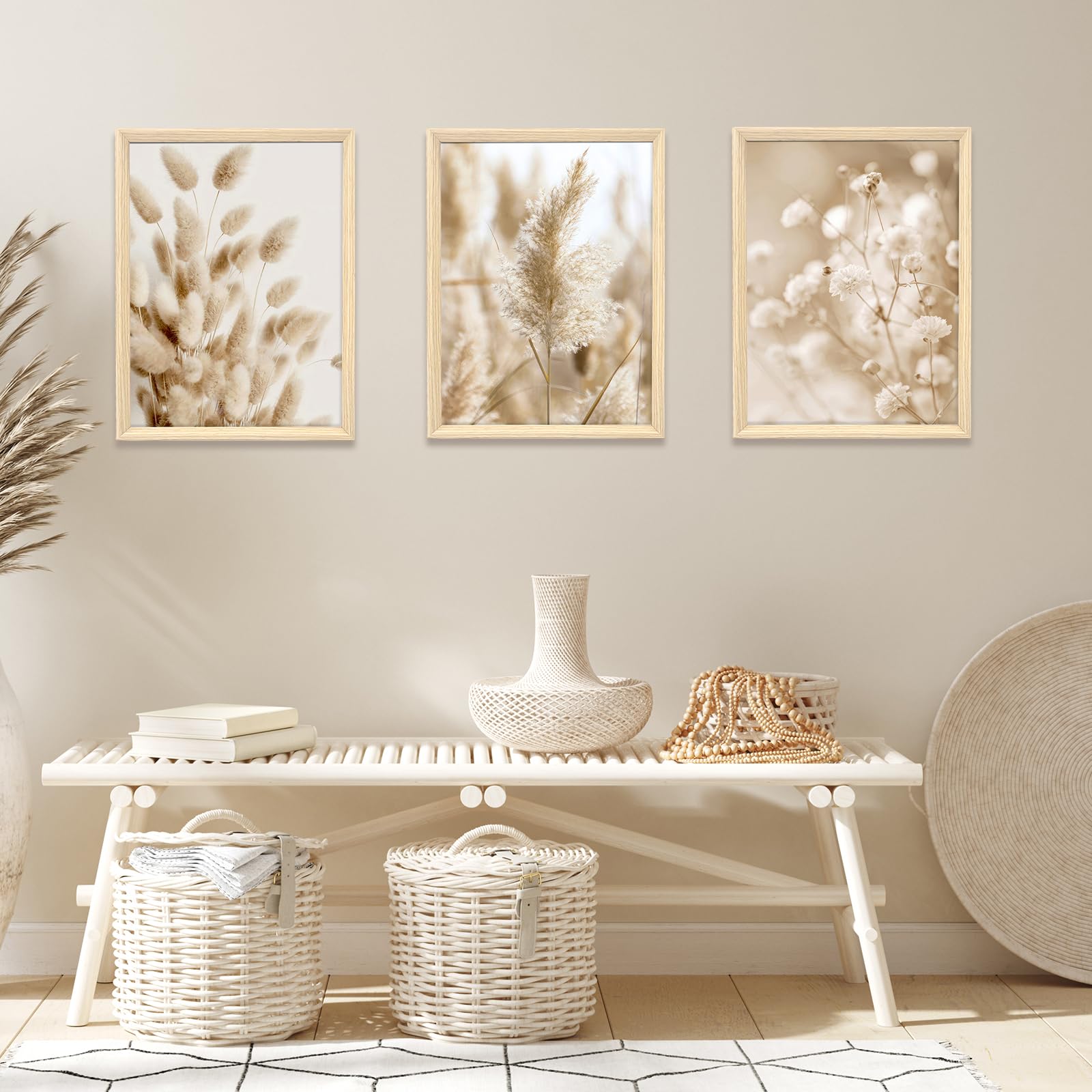 3 Pcs Wooden Framed Canvas Wall Art Set Bohemian Sage Green Canvas Prints Poster Geometric Line Beige Green Pictures for Living Room Bedroom Dinning Room Hallway Stairs Wall Decor 30x40cm x3pcs — view 299