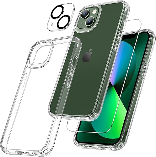 Maxdara Funda transparente 3 en 1 para iPhone 13, con protectores de pantalla de vidrio templado + protectores de lente de cámara, delgada, a prueba