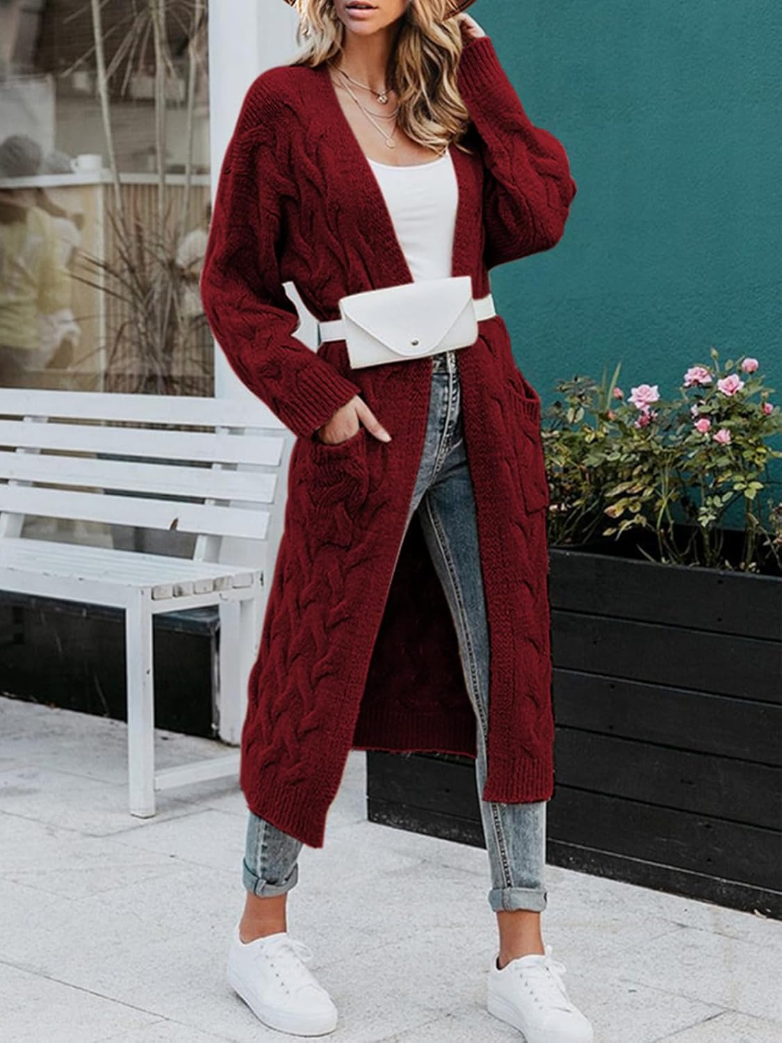 ZIWOCH Women's Long Cardigan Coats Cable Knit Casual Open Front Long Sleeve Loose Sweater with Pockets - Image 4